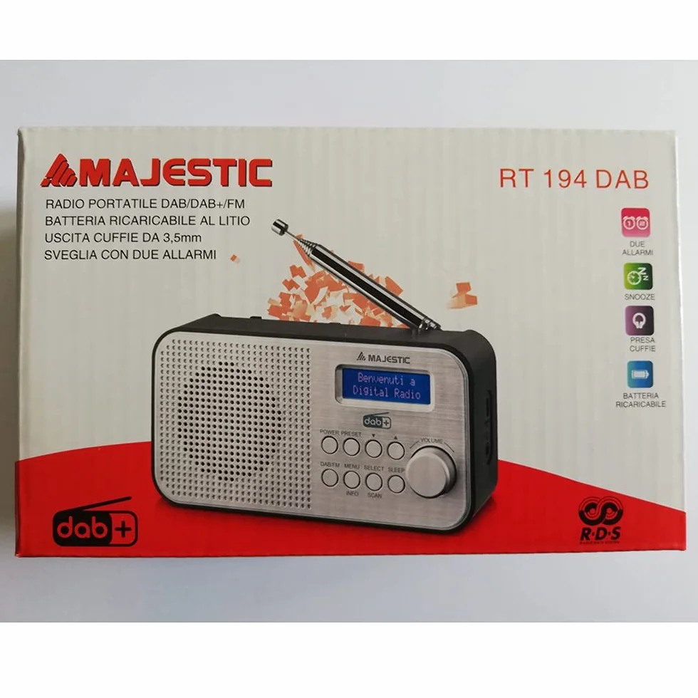 Majestic RT 194 DAB Radio Portatile DAB/DAB+/FM LCD Display Batteria Ricaricabile Sveglia Due Allarmi Nero