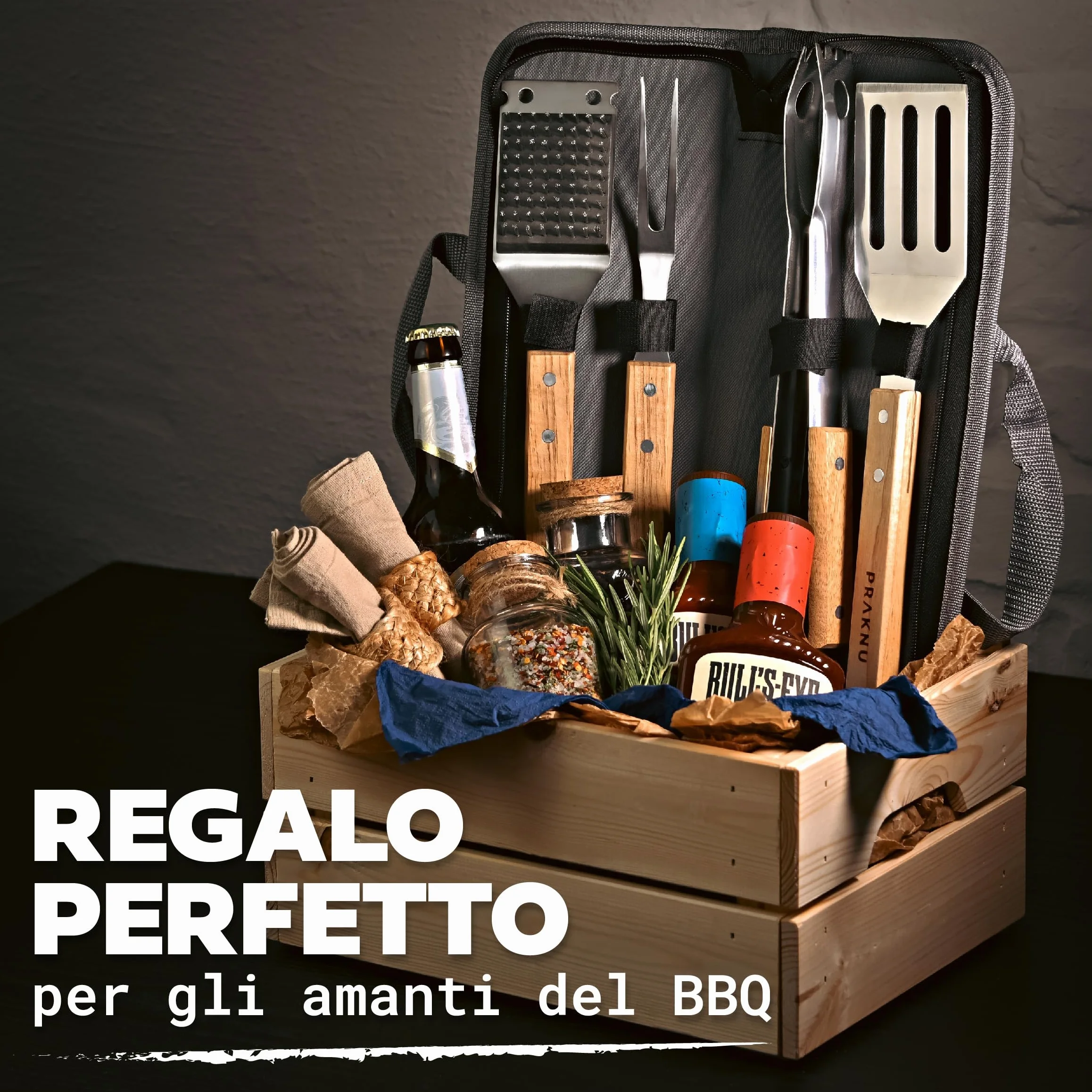 Praknu Set di Utensili da Barbecue 𝗲𝘀𝘀𝗲𝗻𝘇𝗶𝗮𝗹𝗶 in Acciaio e Legno - 4 pezzi - Resistente al calore e antiruggine - Con pratica borsa per il trasporto