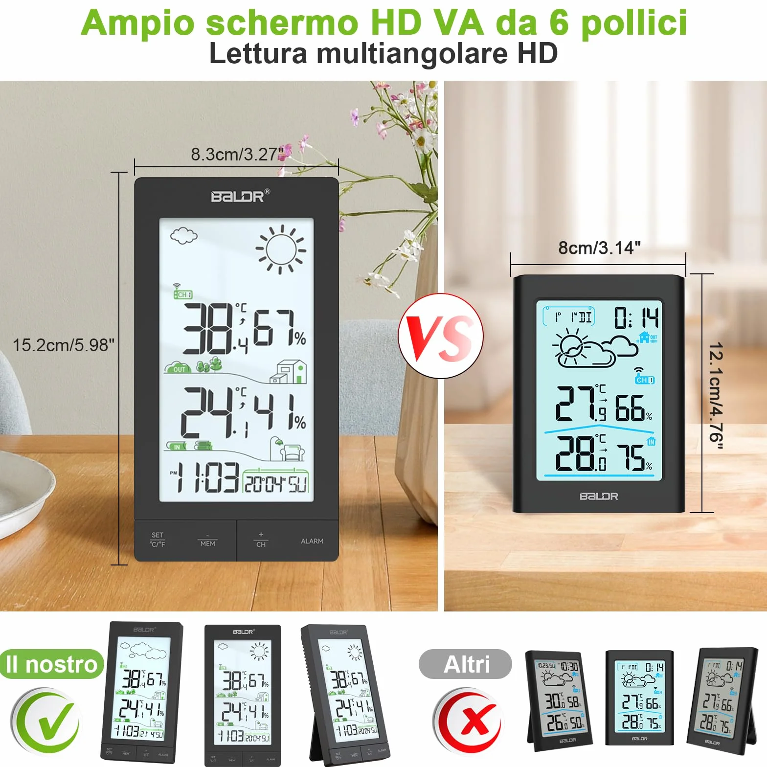 Stazione Meteo con Sensore Esterno, Display LCD 6.0", Termometro Igrometro, Previsioni, Sveglia Snooze