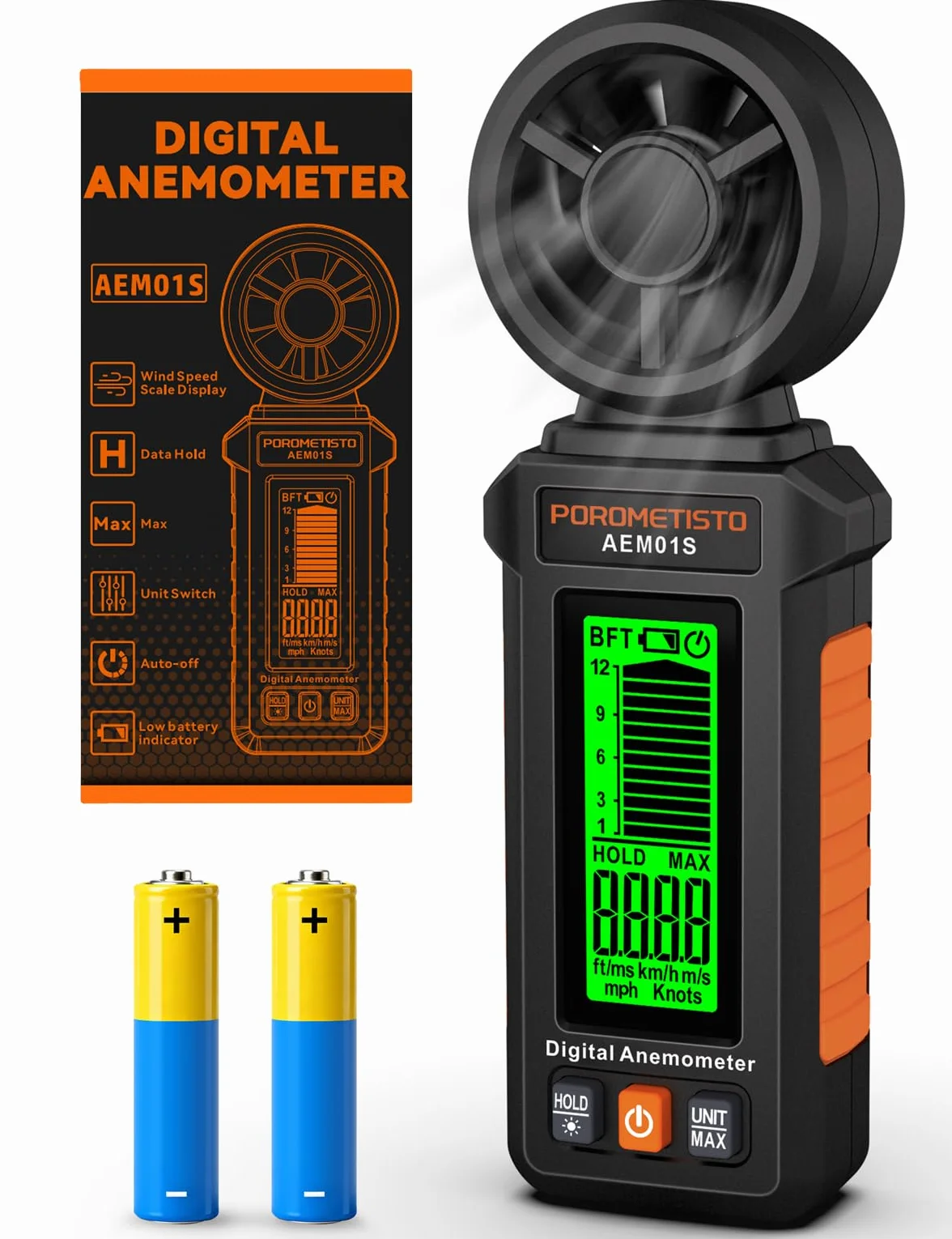 Portatile Anemometro POROMETISTO,3 scale di allarme misurazione, Schermo retroilluminato verde, 12 unità di misura,misuratore della velocità del vento