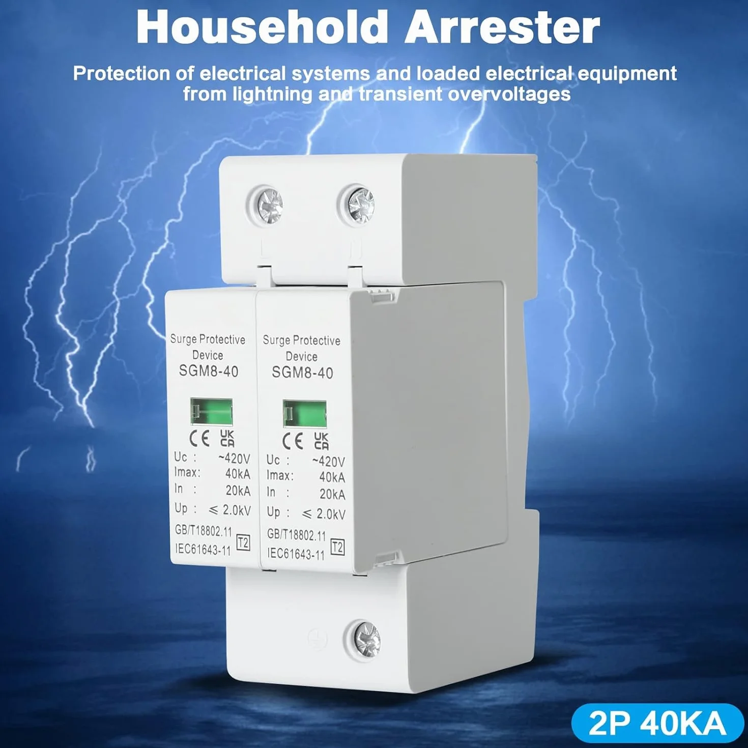 DEWIN Scaricatore di Sovratensione 220V 2P 40kA AC 420V Dispositivo di Protezione Contro le Sovratensioni