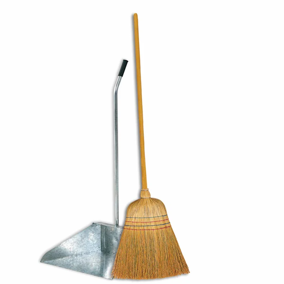 Set Pulizia per esterno Scopa Saggina con manico in legno e Paletta zincata per esterno, pulizia Giardino, Cortile