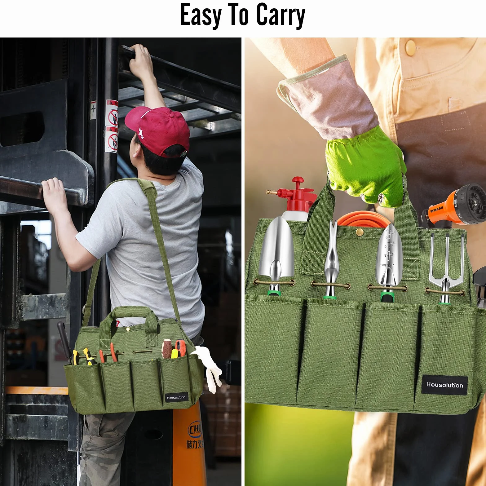 Housolution Borsa Portaoggetti da Giardino con Tracolla Regolabile, Borsa per Attrezzi da Giardinaggio con Manico in Poliestere 900D Multi-Tasca Porta Utensili Grande Capacità per Giardiniere, Verde