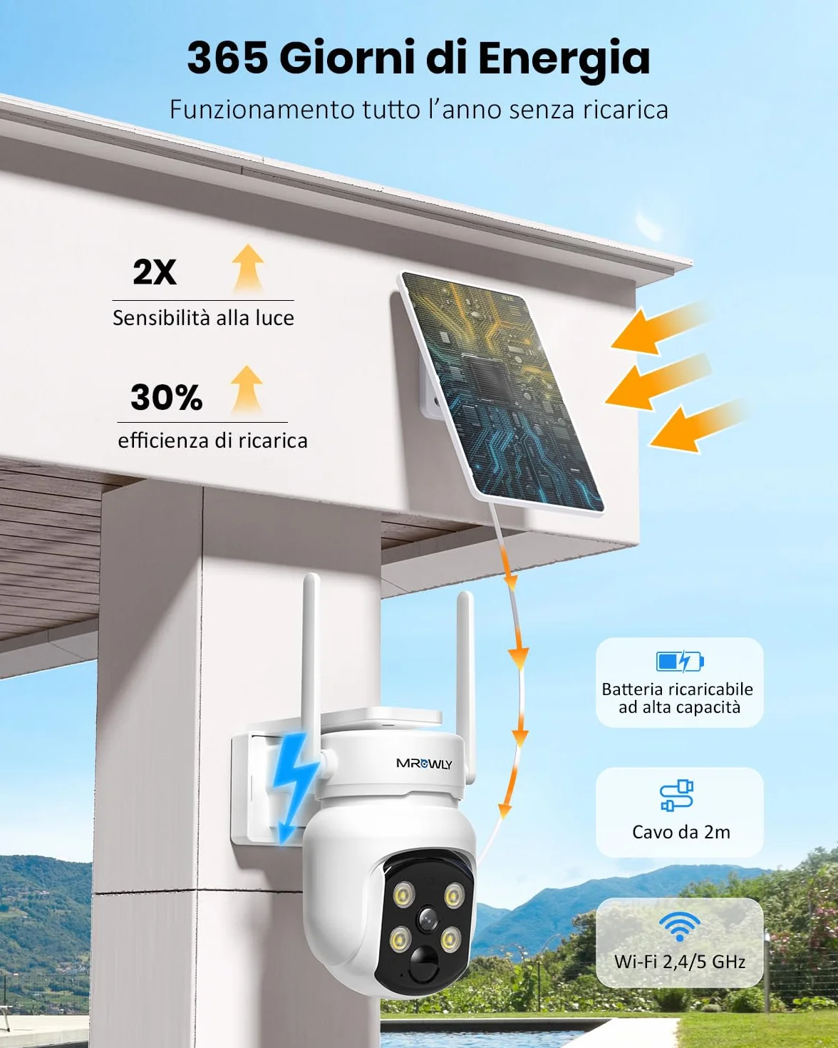 Telecamera Wi-Fi Esterno con Pannello Solare 2 in 1, 4MP/2.5K Senza Fili, 360°, Visione Notturna a Colori, Rilevamento PIR