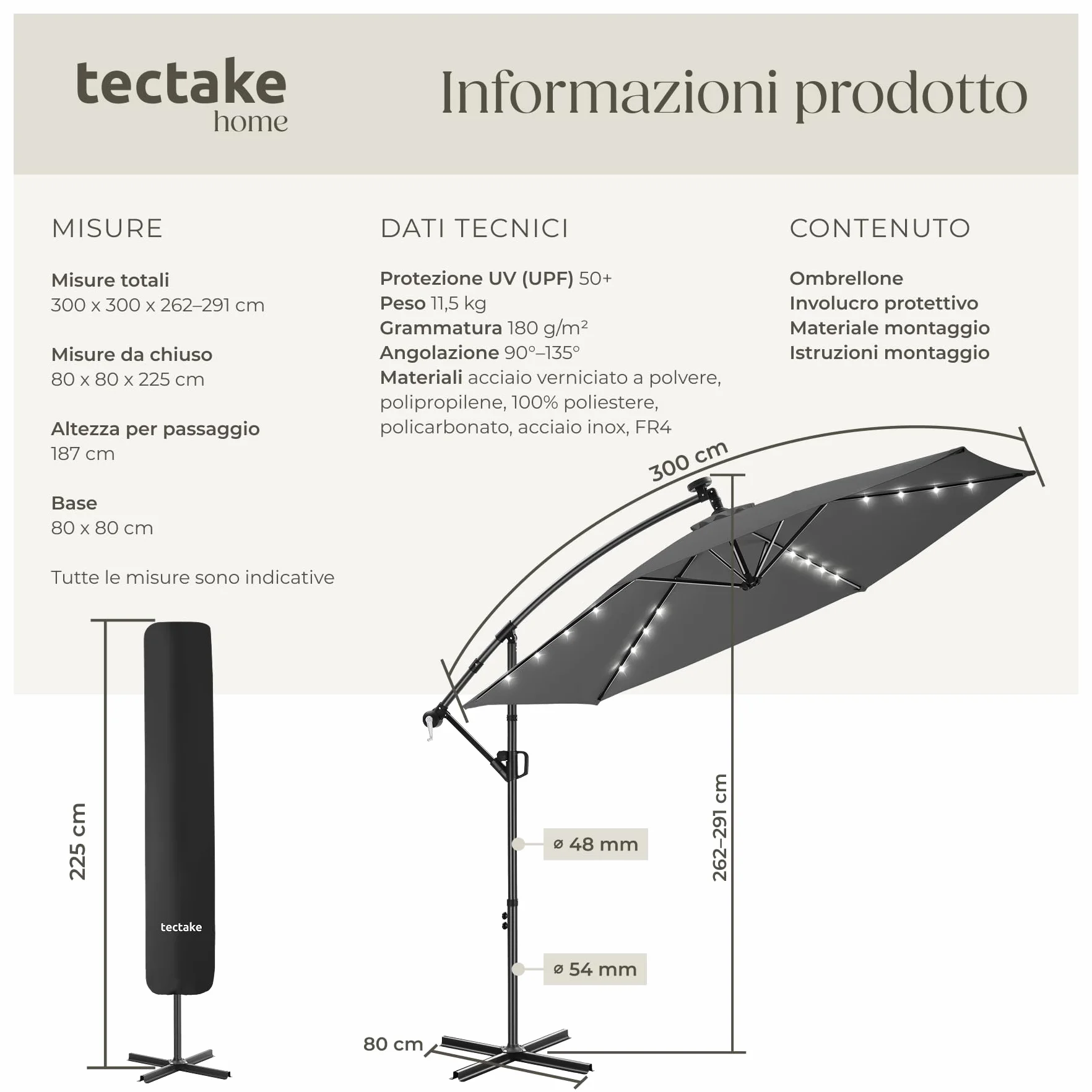 tectake® Ombrellone da Giardino 3x3 m, Ombrellone a Braccio Girevole 360° con Strisce Led a Energia Solare, Protezione UV 50+, Idrorepellente, Inclinabile, Base in Acciaio a Croce, Manovella