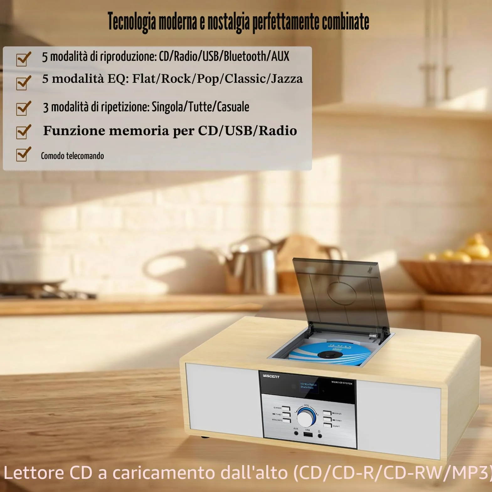 Impianto Stereo Casa Hi-Fi Radio DAB+ Lettore CD Bluetooth 5.0 FM USB 30W Design Retro Legno
