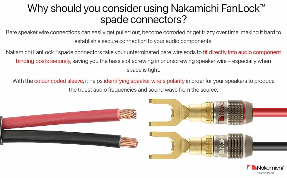 Nakamichi FanLock Excel Series 24k placcato oro connettore a forcella spina a banana 10 AWG - 18 AWG 4mm per altoparlanti amplificatore Hi-Fi, 8 pezzi