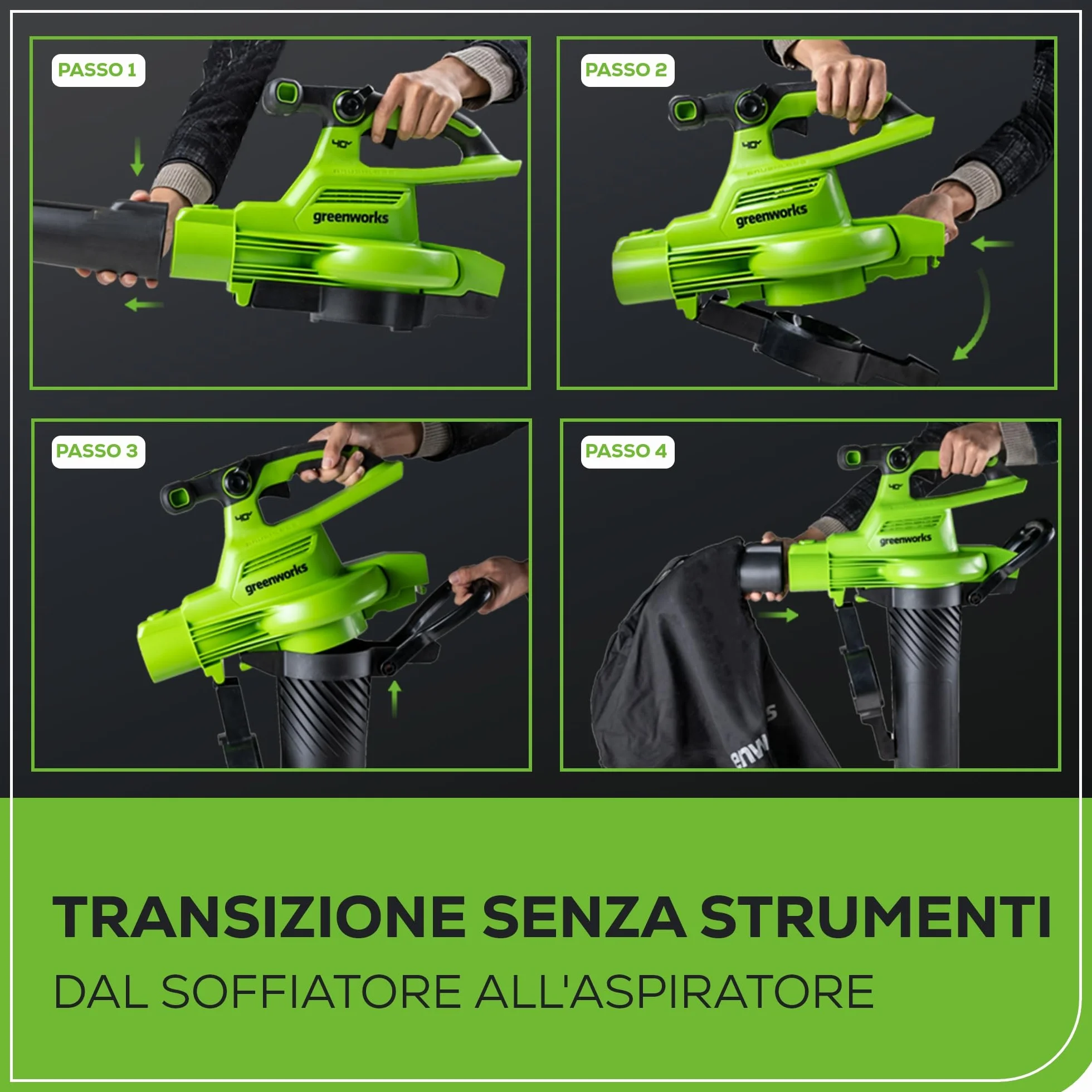 Greenworks 40V Aspiratore Soffiatore a Batteria per Foglie, Motore Brushless, 370km/h, 14.17 m³/min, Sacco di Raccolta da 45L, Due Batterie 2Ah e Caricabatterie, Garanzia 3 Anni GD40BVIIK2X