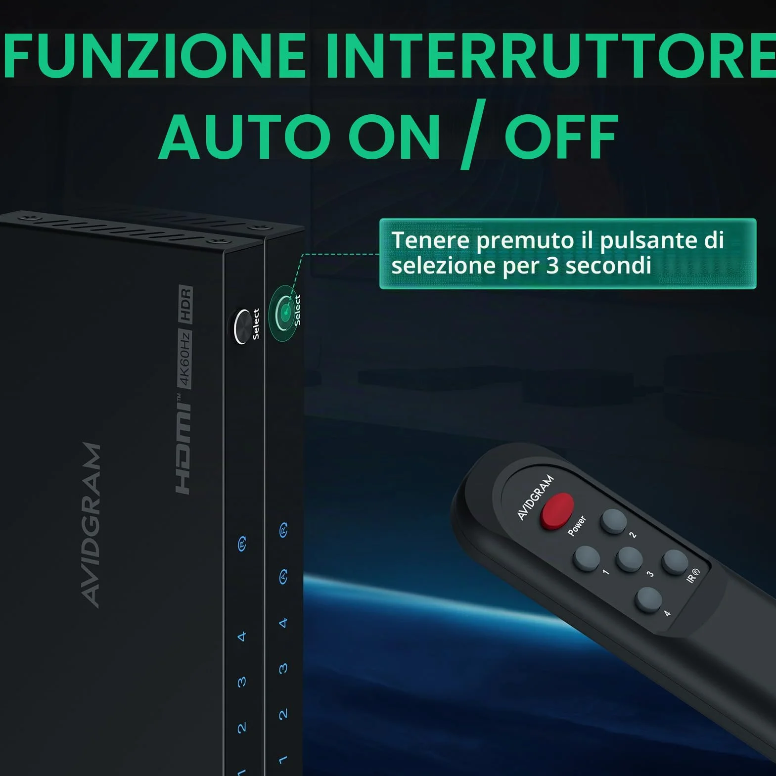 AVIDGRAM Switch HDMI 4K 60Hz 2.0 Selettore 4 In 1 Out con Telecomando IR HDCP 2.2 HDR10 18 Gbps