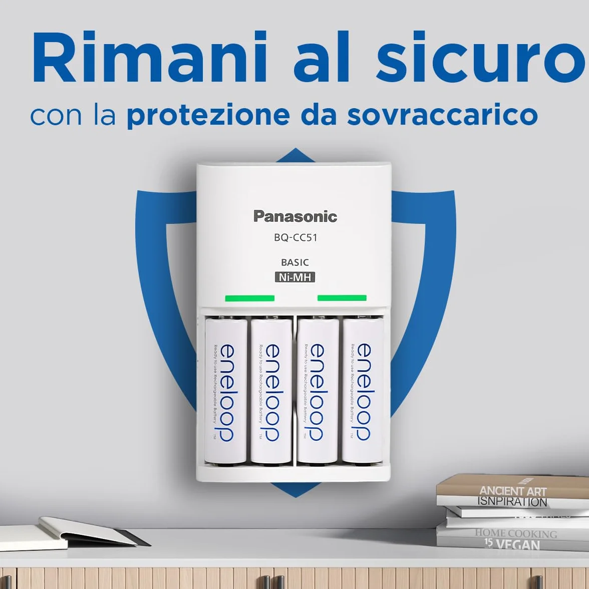 eneloop Basic Caricabatterie per 2-4 Batterie AA/AAA Ni-MH, 4 eneloop AAA con Capacità Aggiornata, 6 Funzioni di Sicurezza