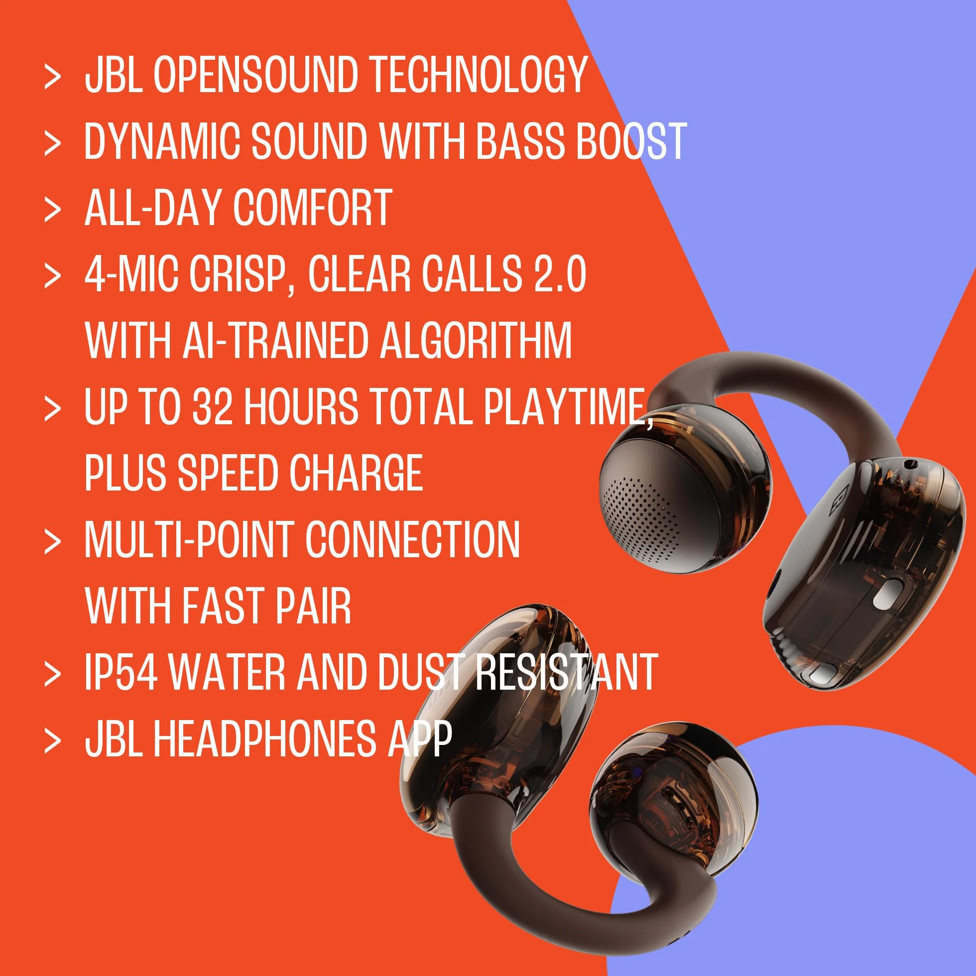 JBL Soundgear Clips Cuffie Open-Ear True Wireless, Autonomia 32h, IP54, Ghost Black