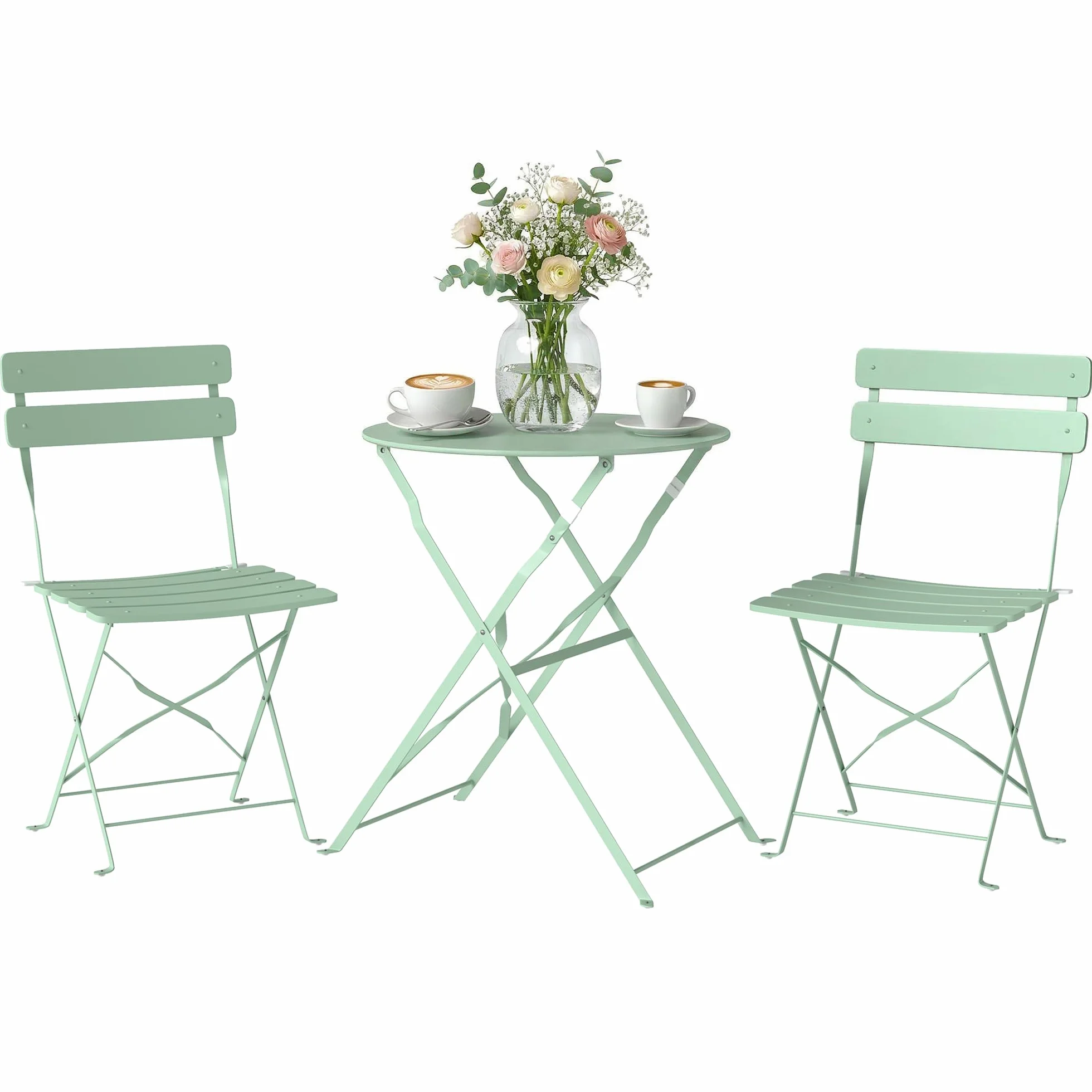 Outsunny Set da Bistrò Pieghevole da 3 Pezzi, Set da Giardino con 2 Sedie, Tavolo Rotondo, Struttura Metallo Antiruggine, Set di Mobili da Giardino per Patio Balcone, Verde Chiaro