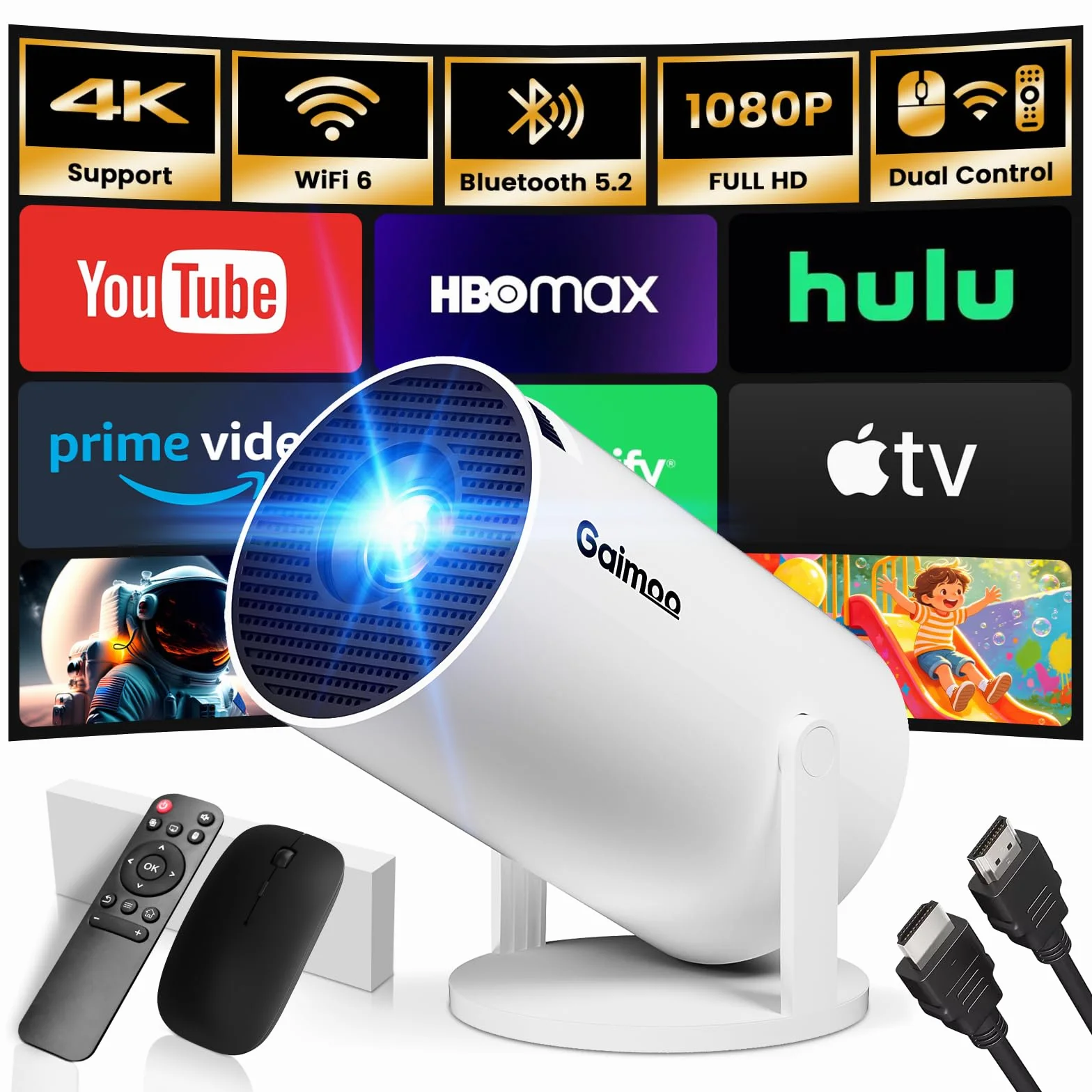 Mini Proiettore 4K 1080P WiFi 6 Bluetooth 5.4 Correzione Automatica Orizzontale Rotabile 180° Portatile HDMI TV Stick Laptop Bianco