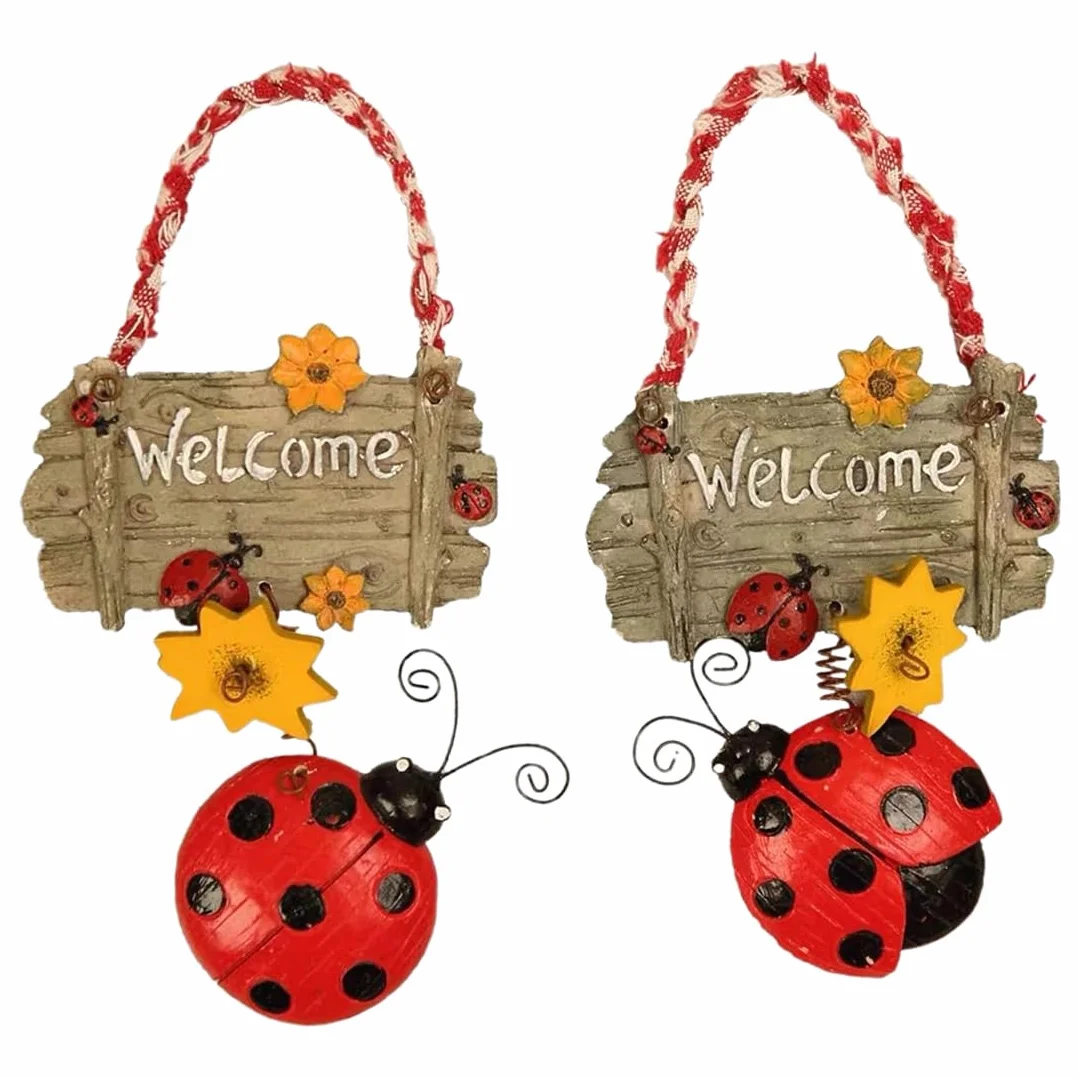 Cartello di benvenuto da appendere in confezione da 2, per interni ed esterni, decorazione per porta d'ingresso con coccinella per giardino di casa, pannello per porta personalizzato