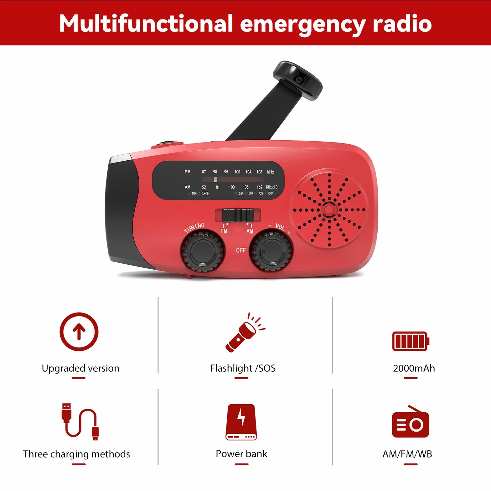 Radio d'emergenza a manovella solare multifunzione con torcia LED power bank SOS, 2000mAh IPX3 per campeggio sopravvivenza
