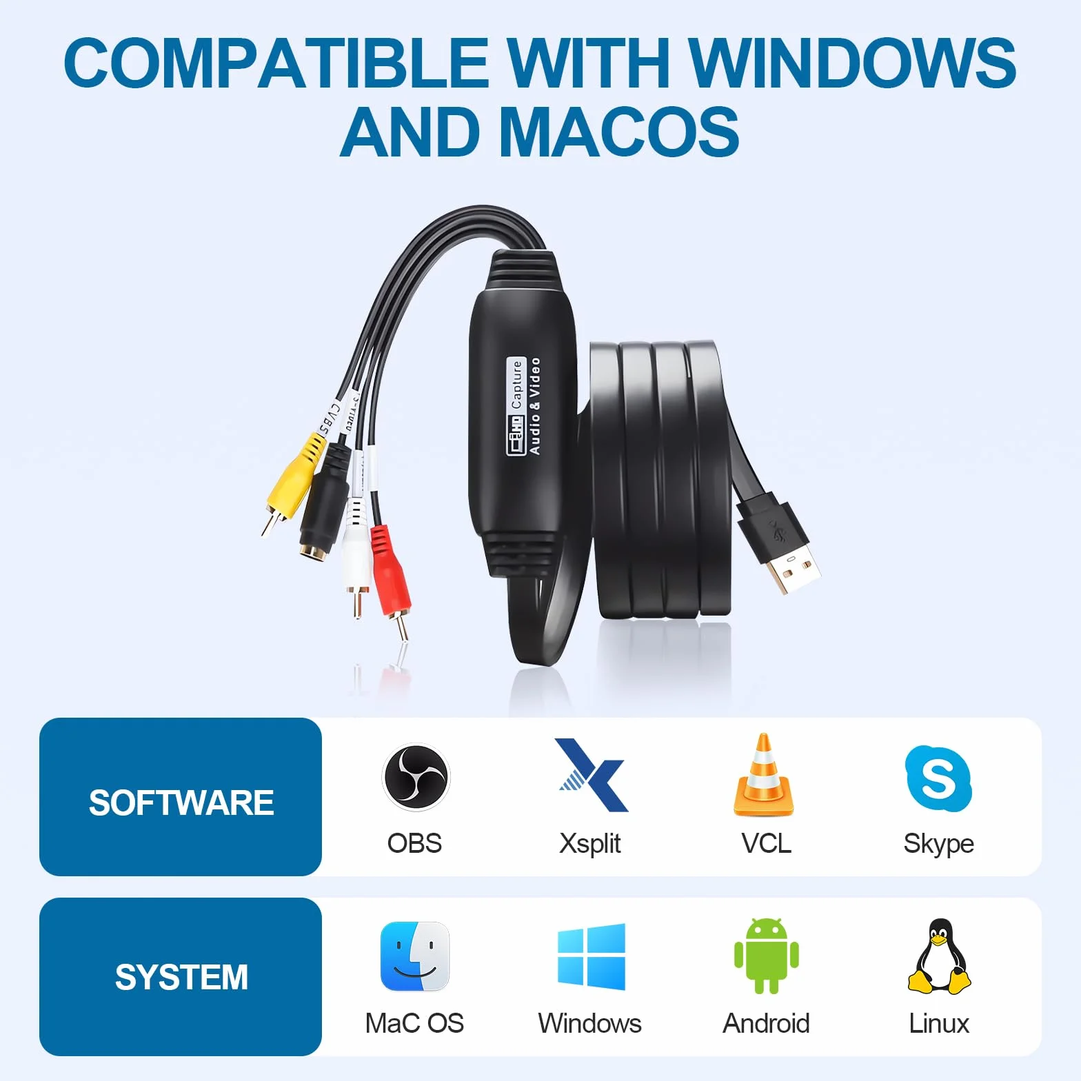 Convertitore VHS Digitale USB 2.0 Acquisizione Video 1080p Adattatore VHS AV RCA VCR DVD Windows Mac OS