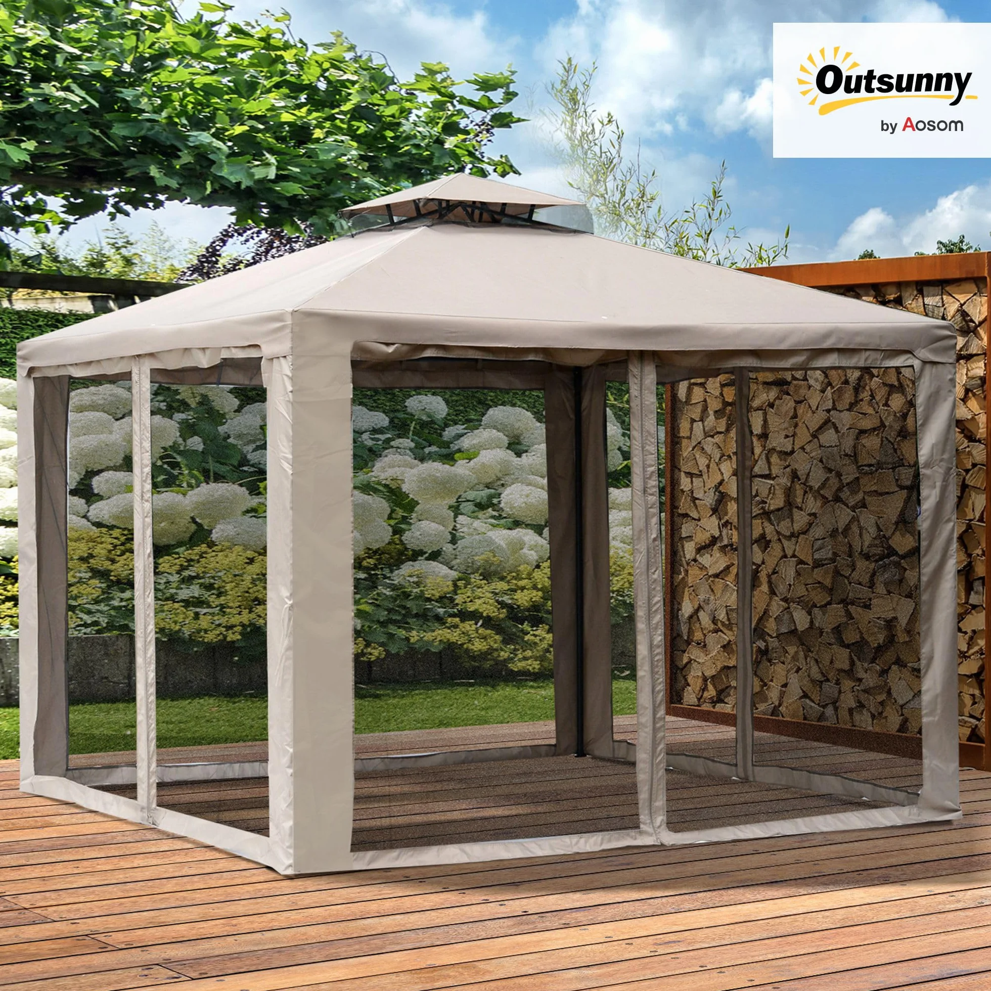 Outsunny Tenda Gazebo da Giardino 3x3m con Zanzariera, Struttura in Metallo e Copertura in Poliestere