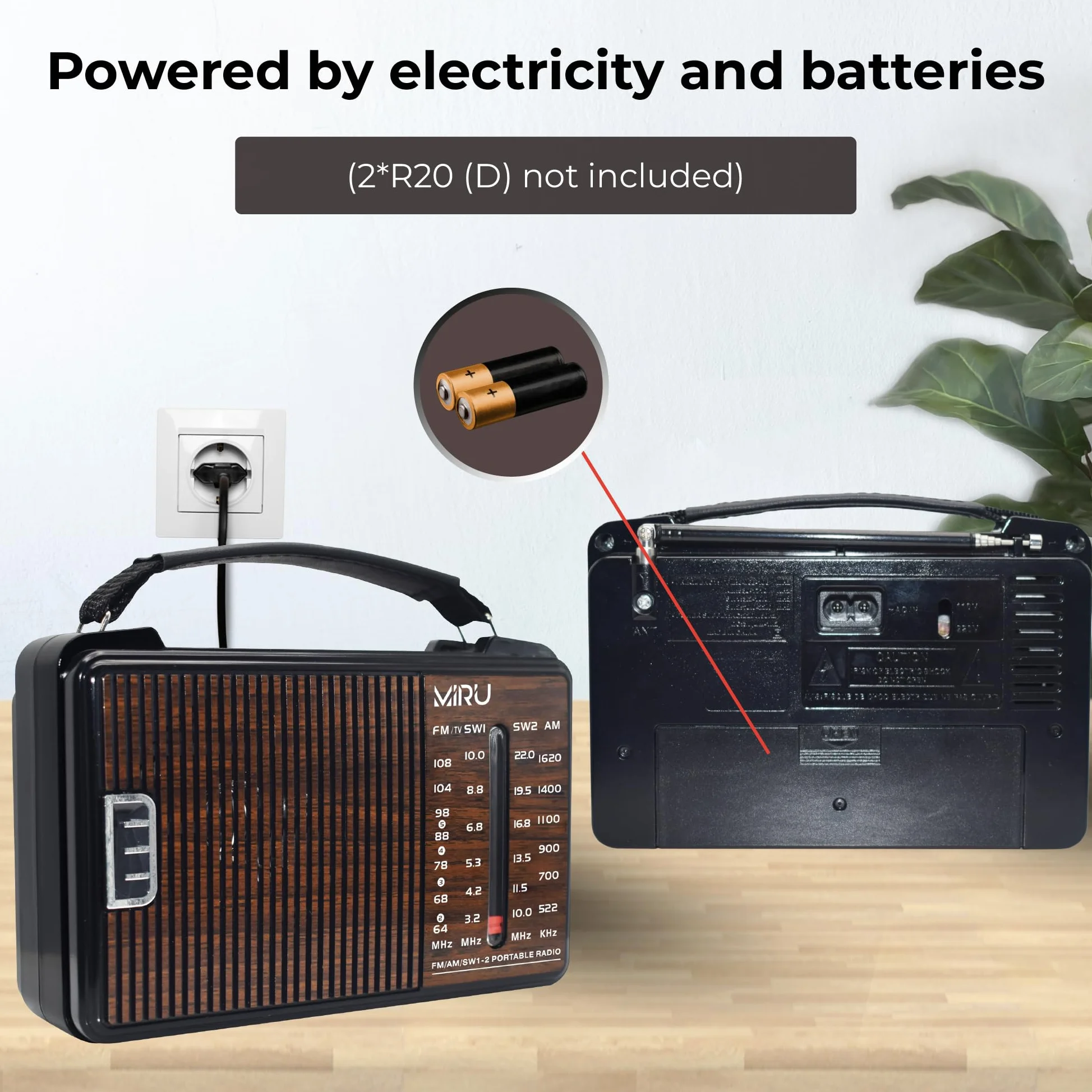 MIRU Radio Portatile AM/FM/SW SR-1021 con USB, Antenna Telescopica, 220V, Nero Legno