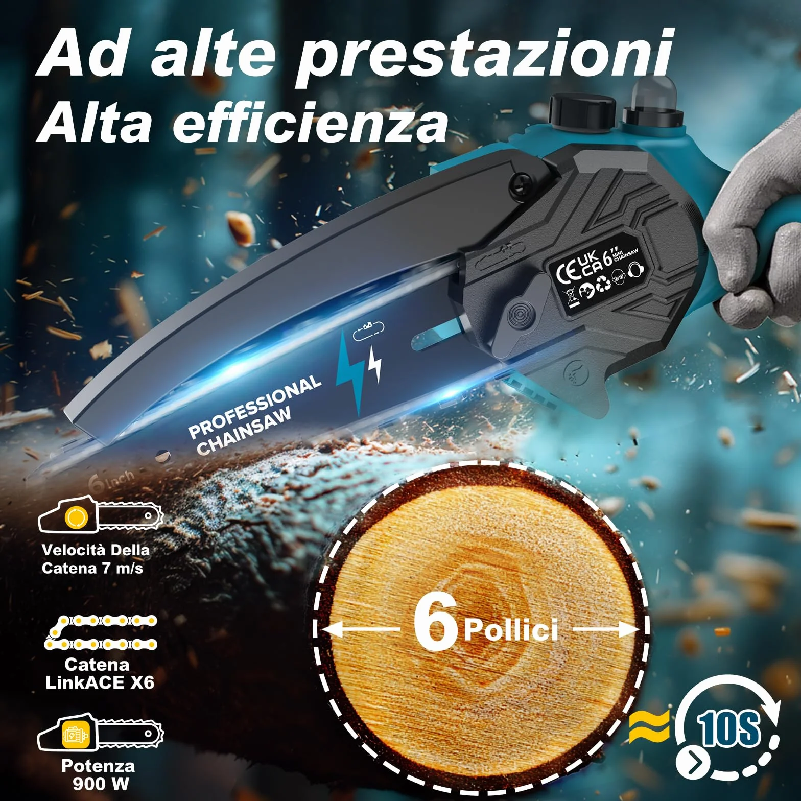 Mini Motosega a Batteria per Potatura con 2x4000mAh Batterie, 6 Pollici Motosega Elettrica con Catena di Ricambio e Pompetta Olio, Sega a Batteria per Potatura per il Taglio del Legno Giardini