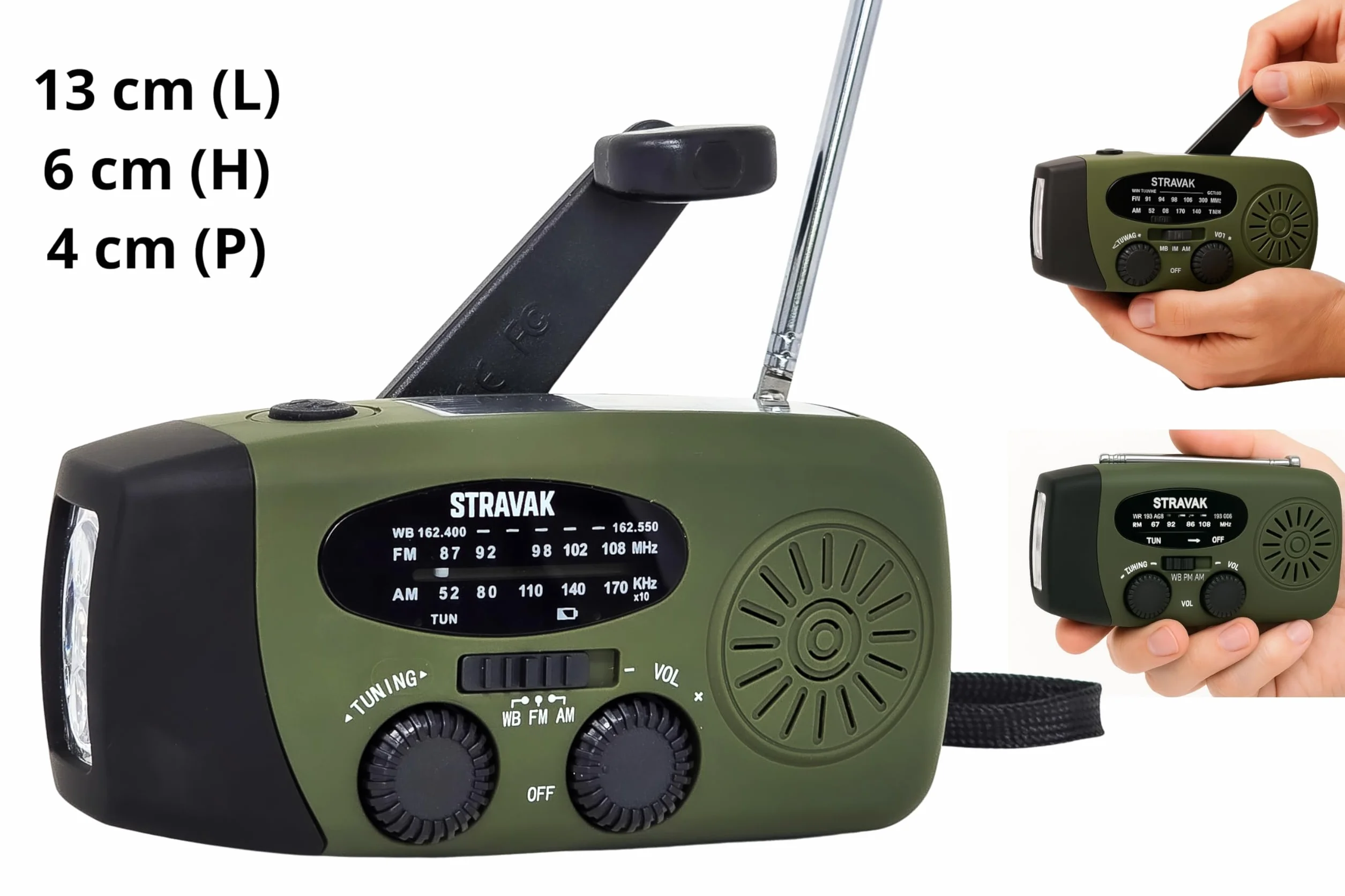 Radio di emergenza solare a manovella con torcia LED, power bank USB-C 2000 mAh e sirena SOS