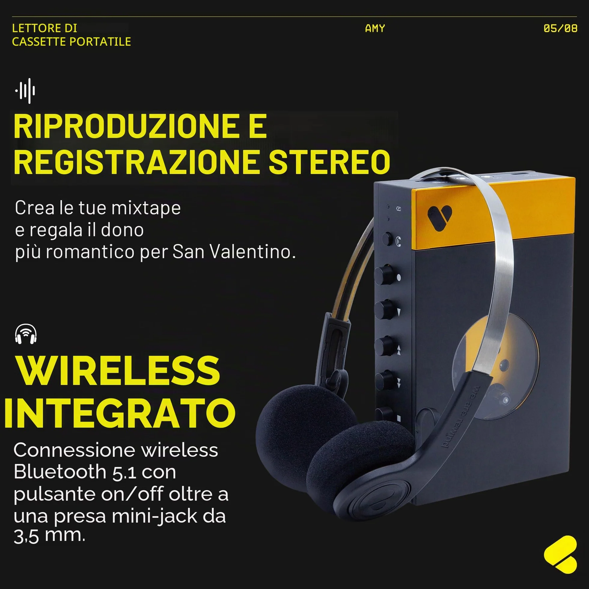 We are Rewind Lettore a cassette portatile Bluetooth, registratore con altoparlante, cuffie, cavo 3,5 mm - Amy Nero & Giallo