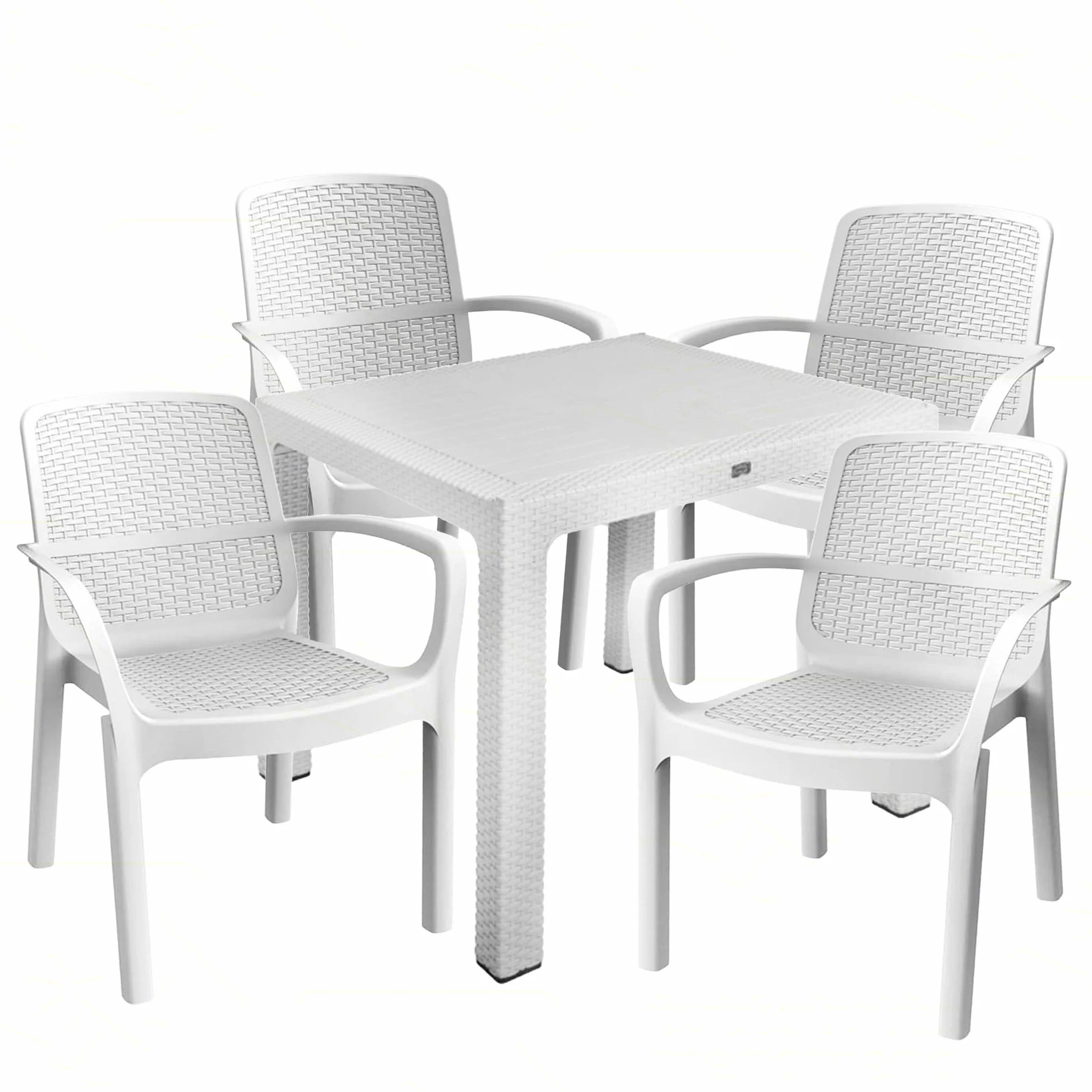 Sicignano | Set per Esterni Sedia Numana Tavolo 90x90cm, Impermeabili, Impilabili, Resistente UV, Ideale per Interno Esterno Bar Ristoranti Locali Commerciali (1, 4 Sedie 1 Tavolo)