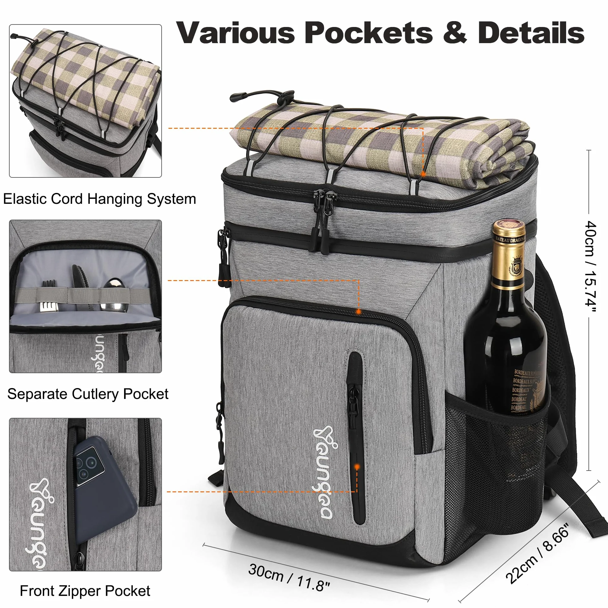 Borsa Termica Zaino Borsa Fredda Isolate per Picnic Campeggio Pranzo Spiaggia YG065 24L Grigio