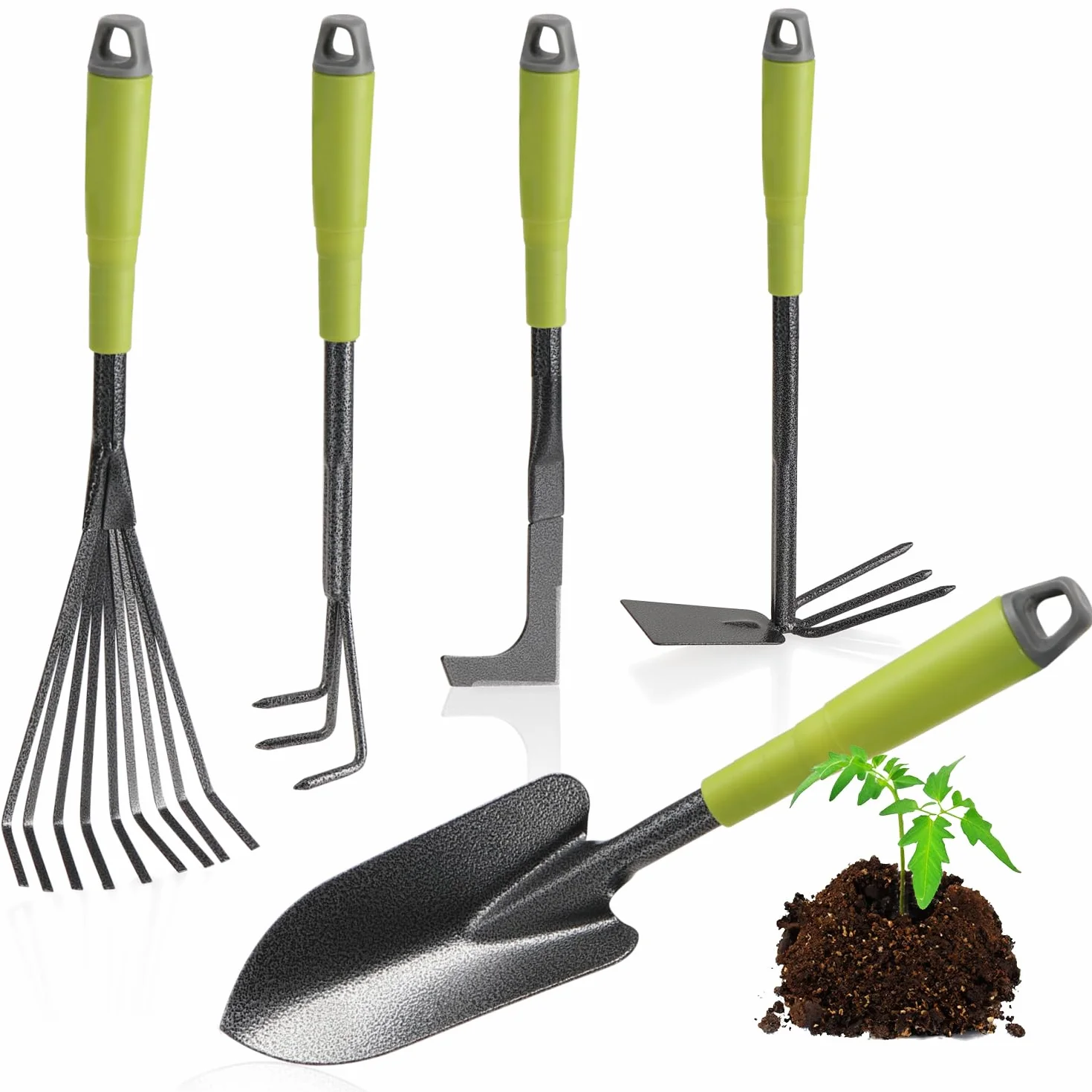 COM-FOUR® Set di Attrezzi da Giardino da 5 Pezzi - Set da Giardino con Doppia Zappa, Piccolo Coltivatore, Raschietto per Giunti, Rastrello a Mano, Cazzuola per Fiori