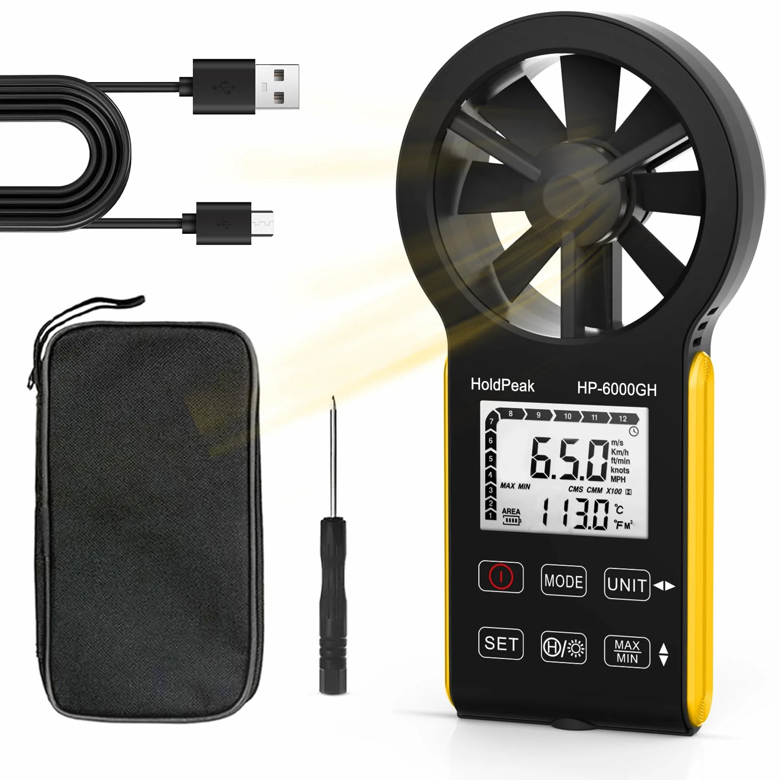 HOLDPEAK - anemetro digitale VMC, misuratore del vento, misura della velocità del vento/temperatura USB-C, display LCD, retroilluminazione, anemometro portatile da esterno, per kitesurfing