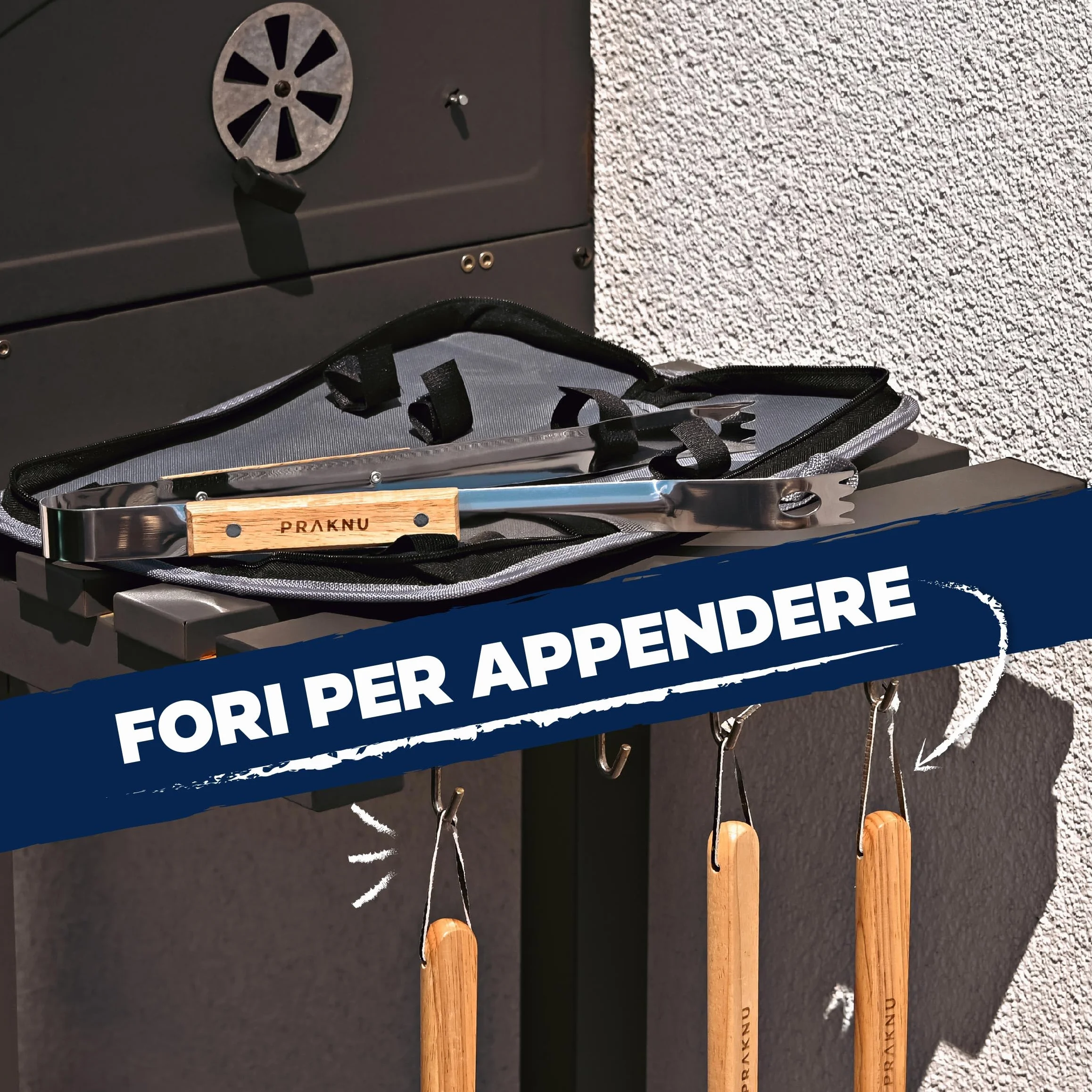 Praknu Set di Utensili da Barbecue 𝗲𝘀𝘀𝗲𝗻𝘇𝗶𝗮𝗹𝗶 in Acciaio e Legno - 4 pezzi - Resistente al calore e antiruggine - Con pratica borsa per il trasporto