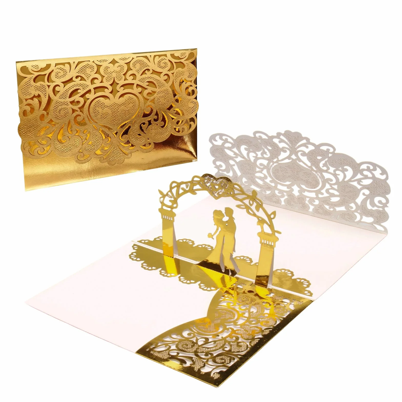 Elegante biglietto di nozze pop up 3D dorato con busta abbinata, taglio laser romantico per congratulazioni coppia cerimonia ricevimento