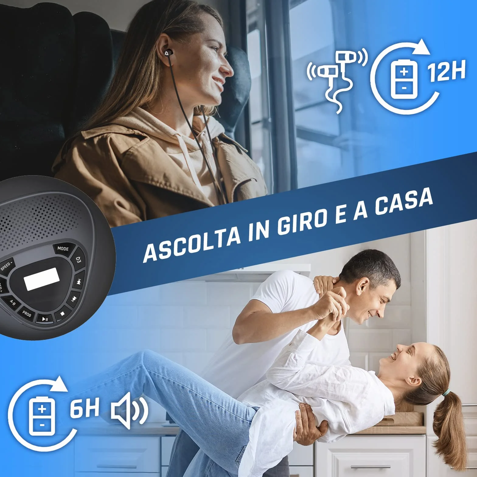 Lettore CD Portatile Stereo con Altoparlanti, Batteria Ricaricabile, microSD, AUX per Auto