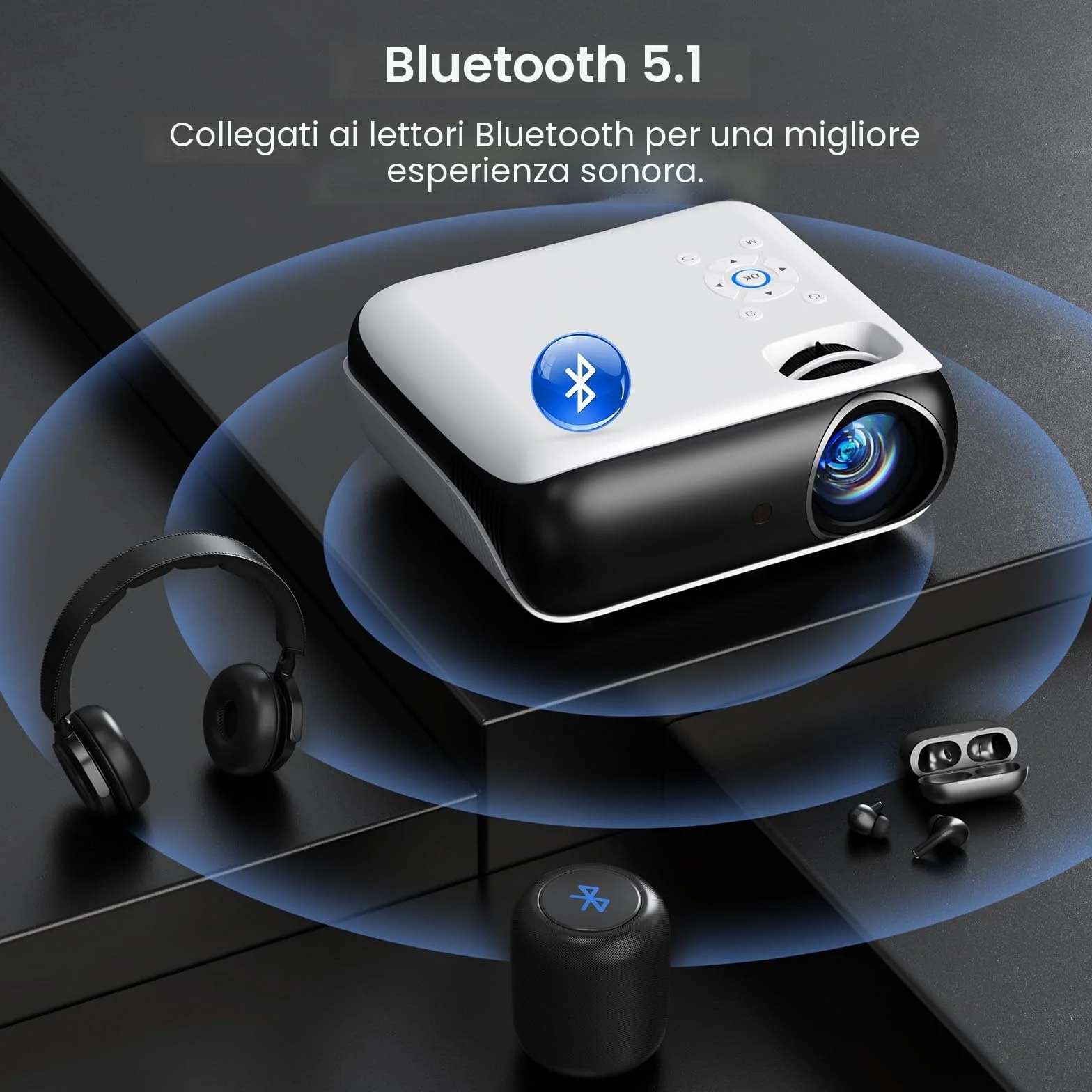 HAPPRUN H1 Proiettore 4K, Videoproiettore Portatile 1080P Full HD Bluetooth 5.1, HDMI TV Stick USB PS5 Laptop