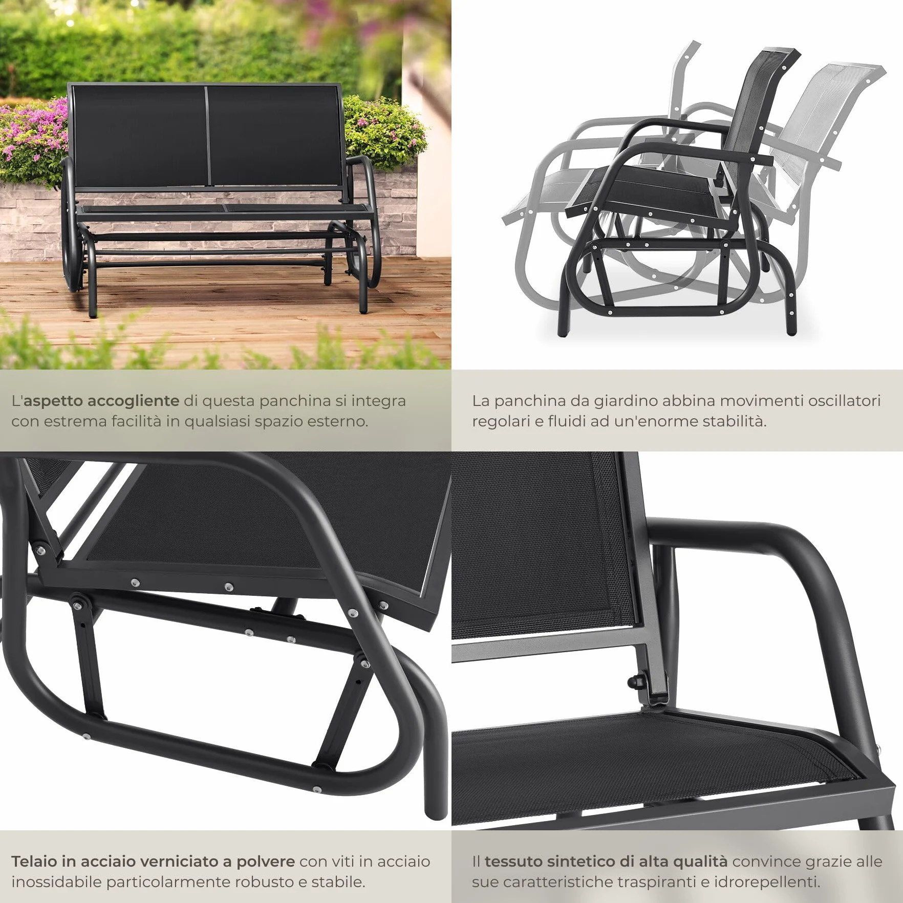 tectake® Panca da Giardino con Meccanismo Basculante, Panchina da Esterno a Dondolo 2 Posti, Telaio in Acciaio Verniciato, Panca con Schienale, 121 x 72 x 86,5 cm - Nero