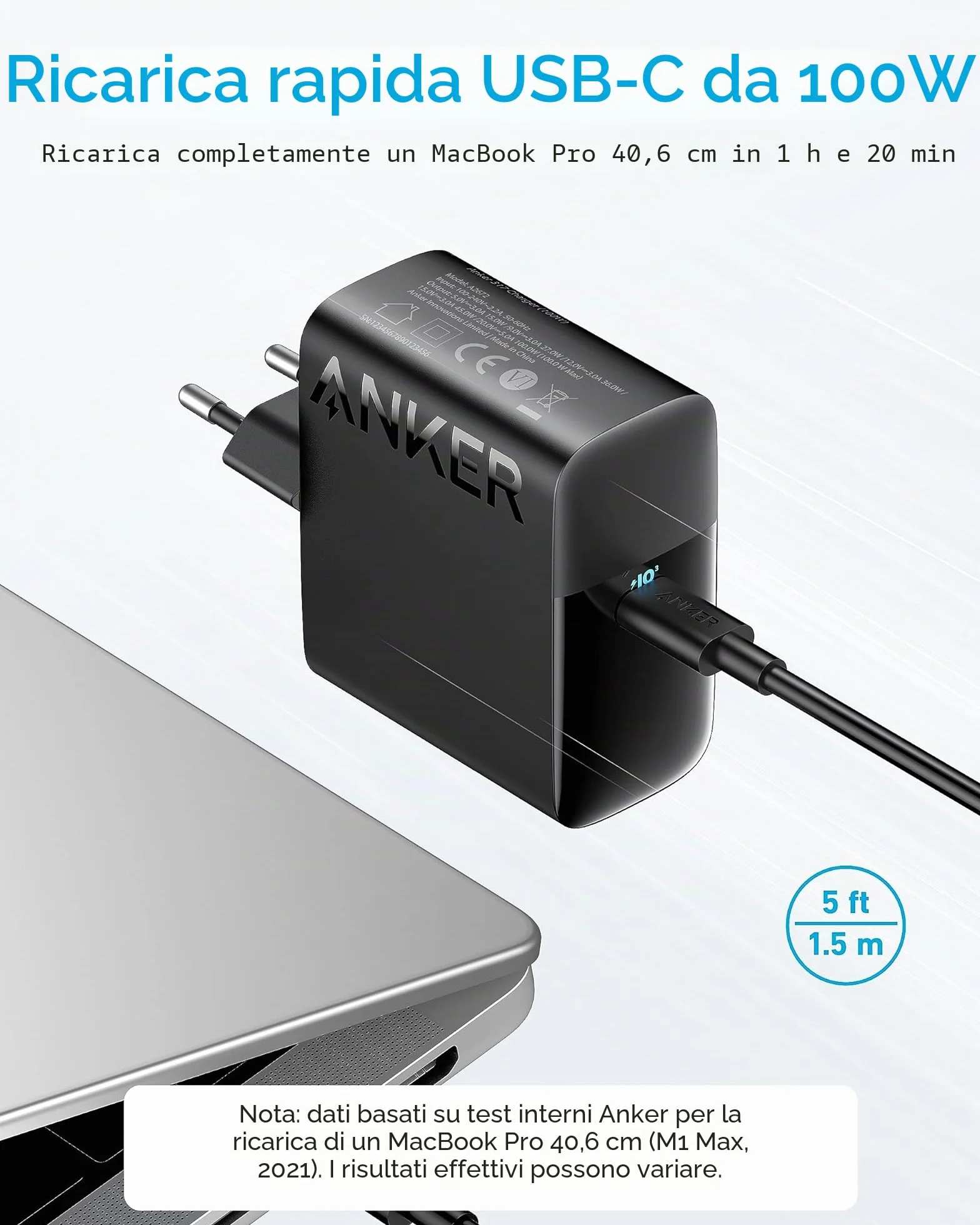 Anker Caricatore USB C 100W PIQ 3.0 per MacBook Pro iPad Pro iPhone Samsung Galaxy Cavo 1,5 m