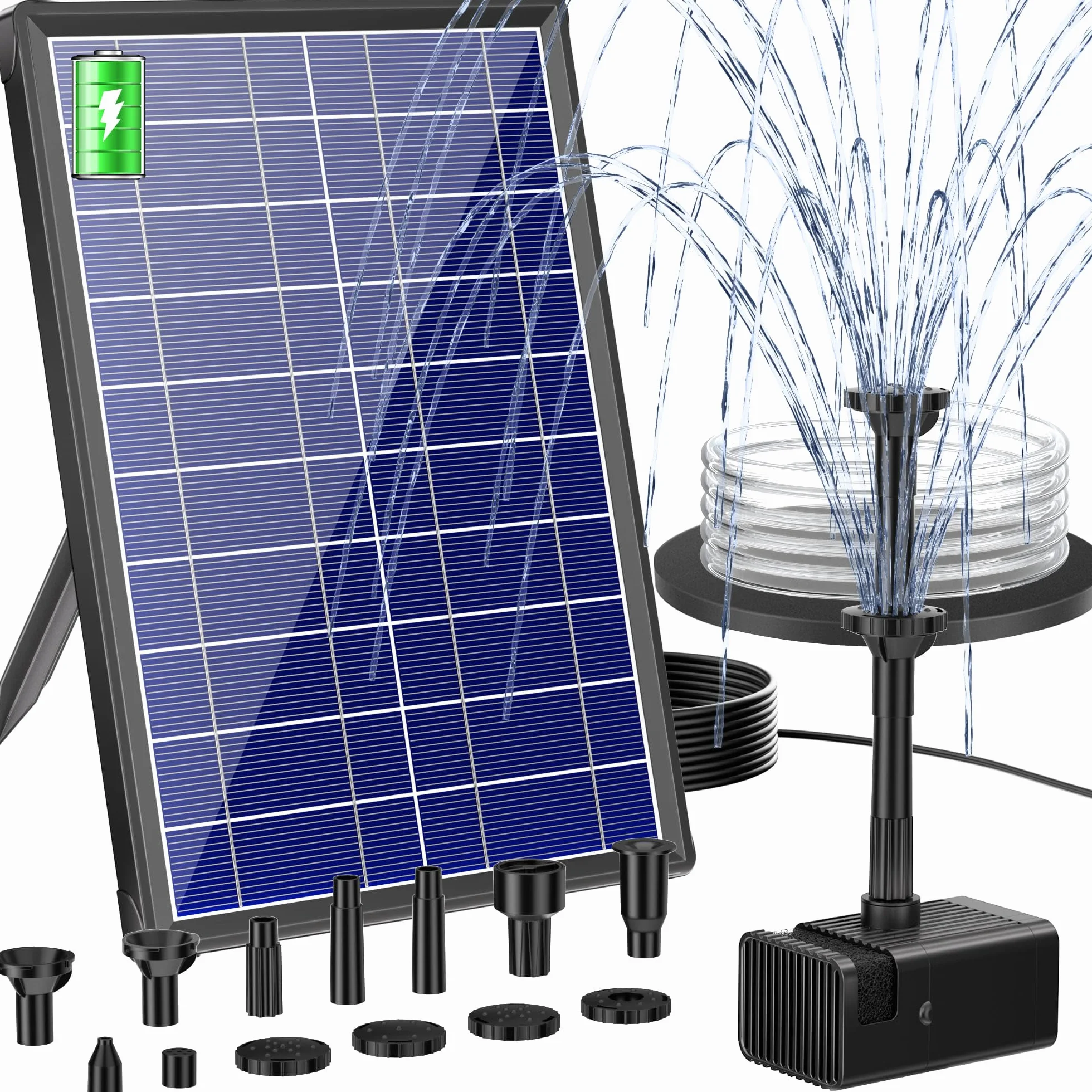 Biling Fontana Solare Esterna da 8 W con Batteria da 4000 mAh, Pompa Solare Silenziosa da 300 L/H con 8 Ugelli, Tubo per Laghetti da Giardino, Ventilazione fino a 500 L