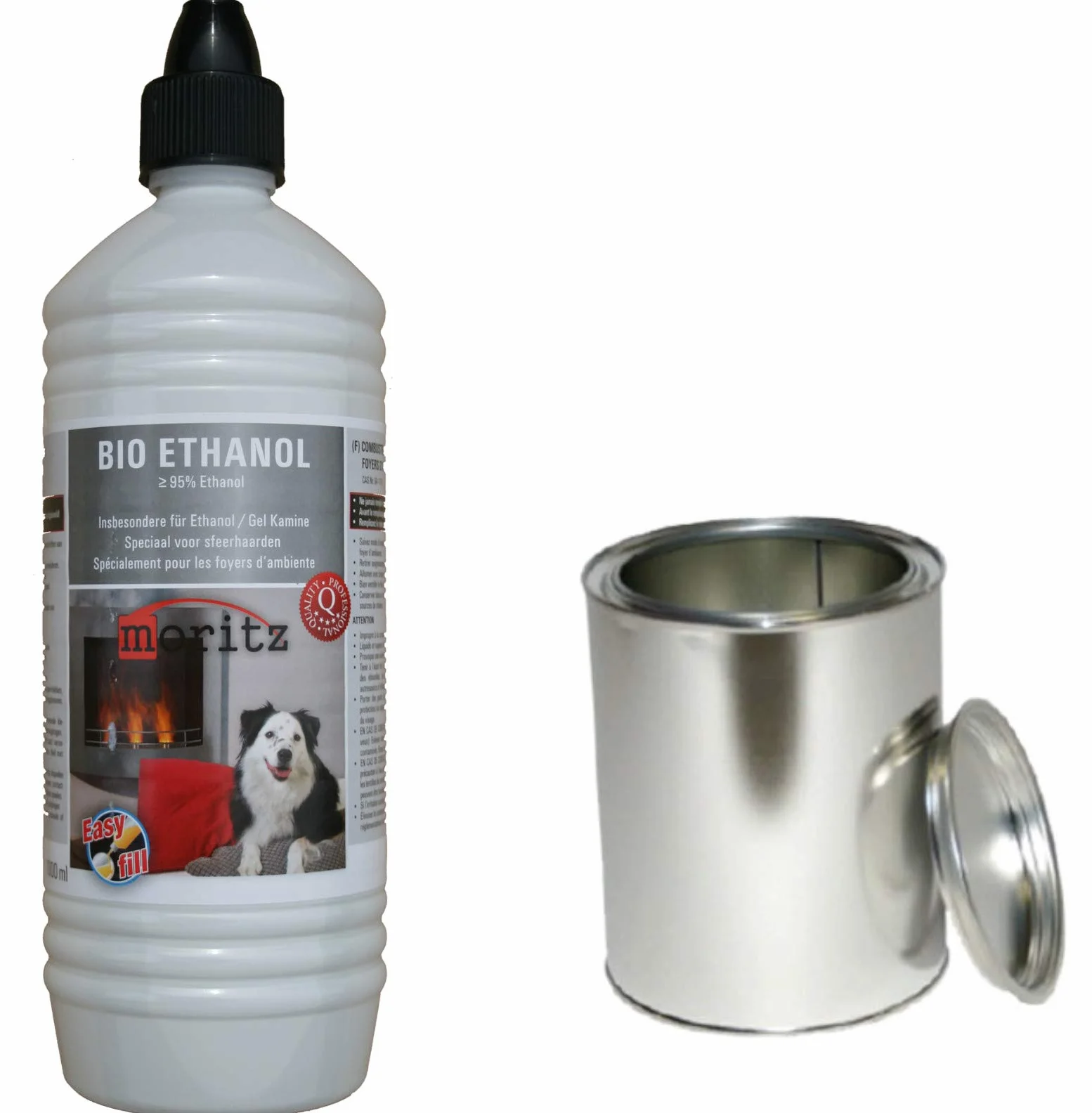 Moritz Starter Set 1 x 1000 ml Bioetanolo + 2 x lattine da 250 ml con coperchio per bruciatori, camino, stufa, bruciatori di sicurezza, pasta combustibile