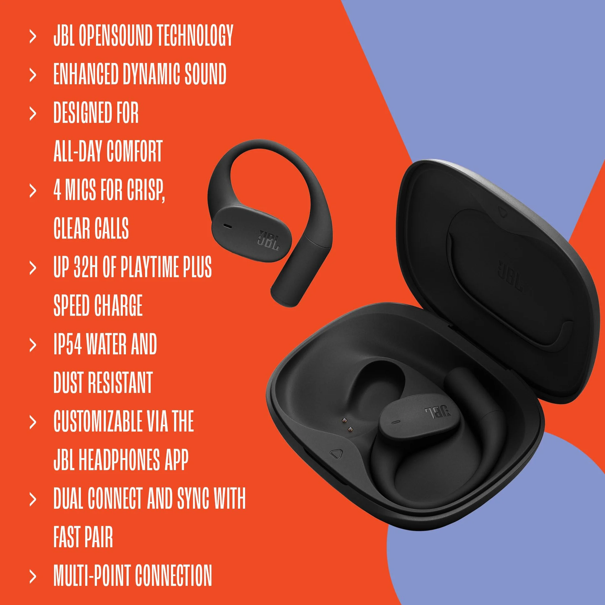 JBL Sense Lite Cuffie Open-Ear True Wireless, Tecnologia OpenSound, 32H Autonomia, IP54, Nero