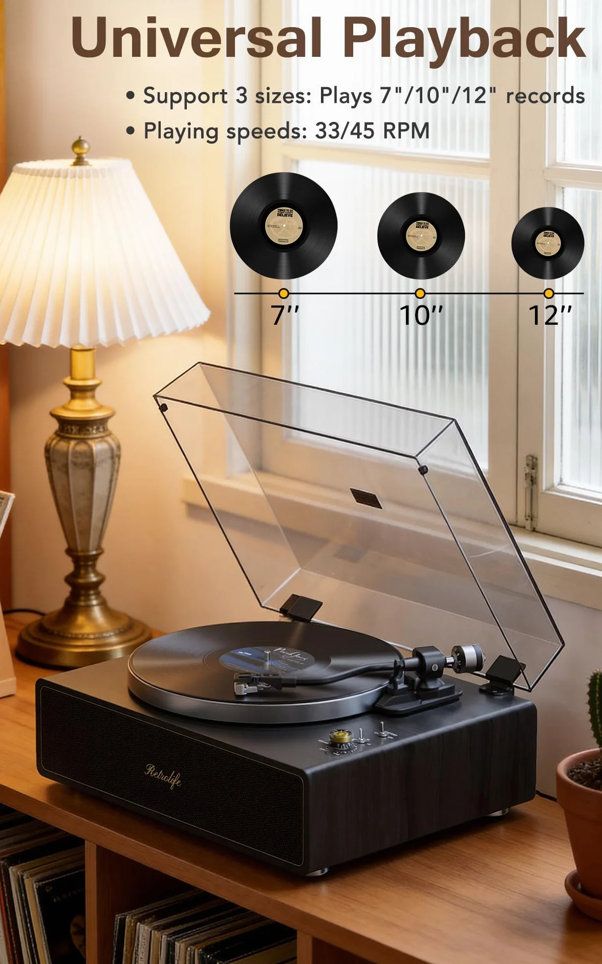 Giradischi con Altoparlanti Incorporati, Giradischi Vinile Bluetooth 2 Velocità 33/45 RPM Auto-Off