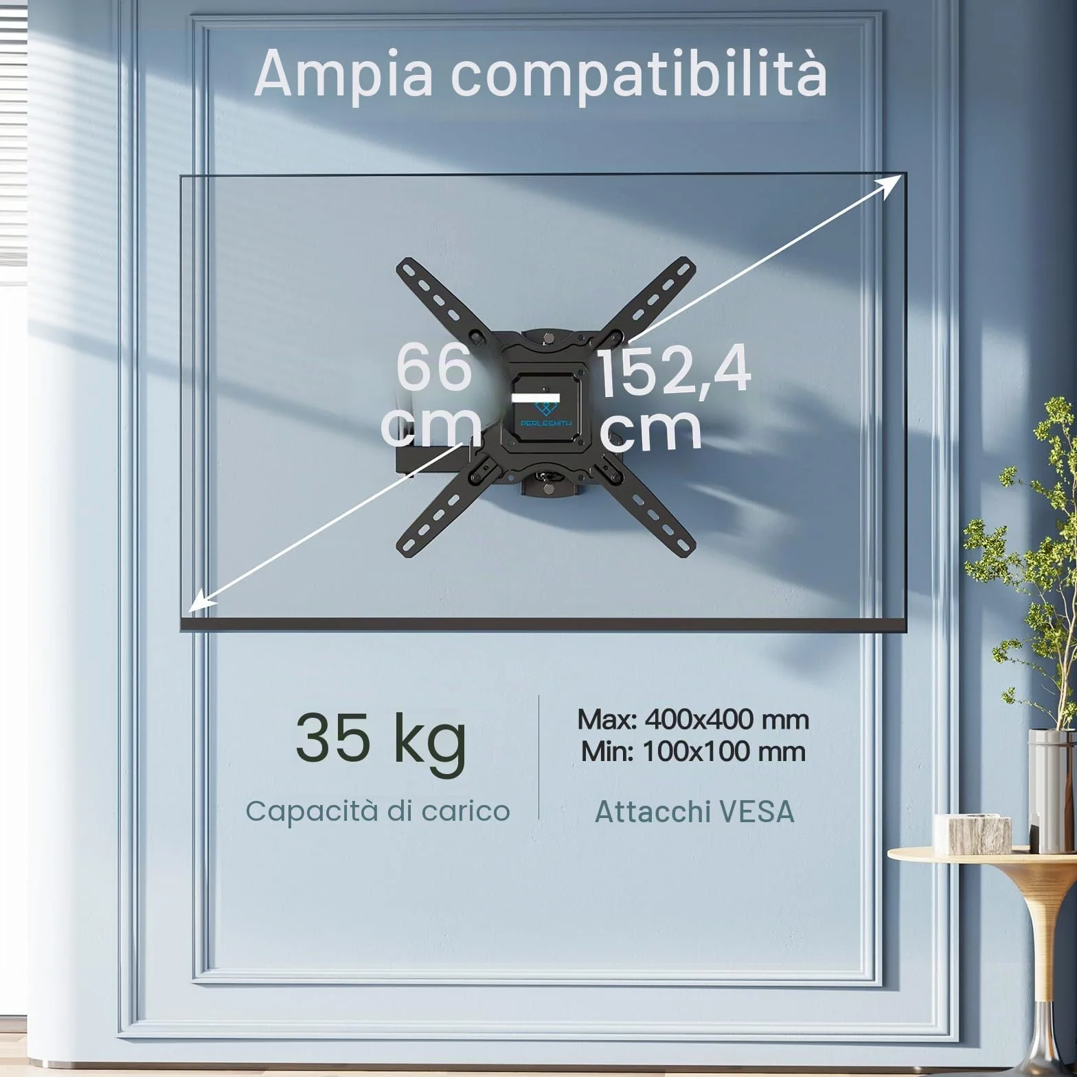 PERLESMITH Supporto TV Parete Inclinabile Orientabile per Schermi 26-60 Pollici LED LCD Curvo 35 kg VESA 400x400 mm
