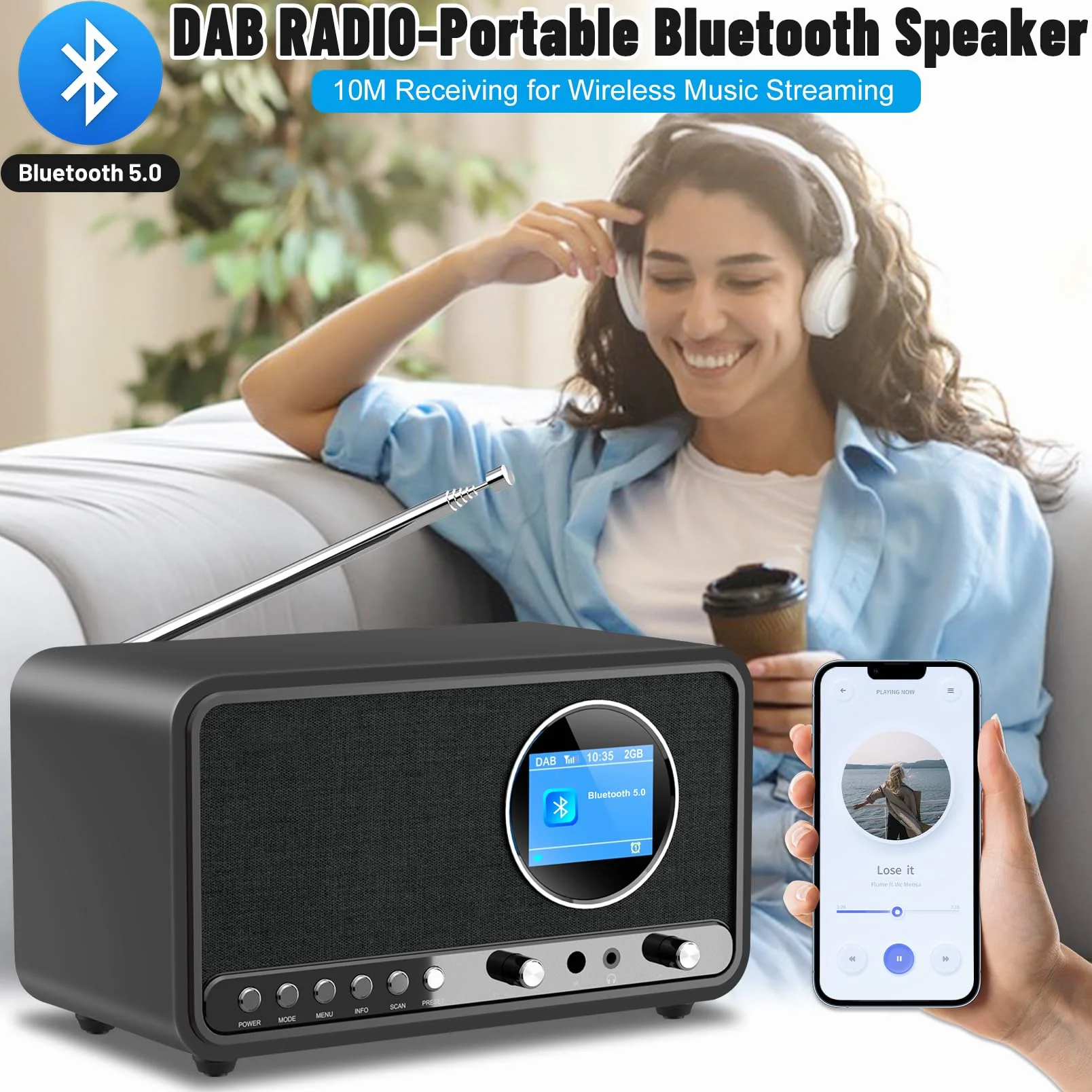 Radio DAB Plus FM Bluetooth Digitale da Cucina con Telecomando e Sveglia Snooze USB Aux Nero