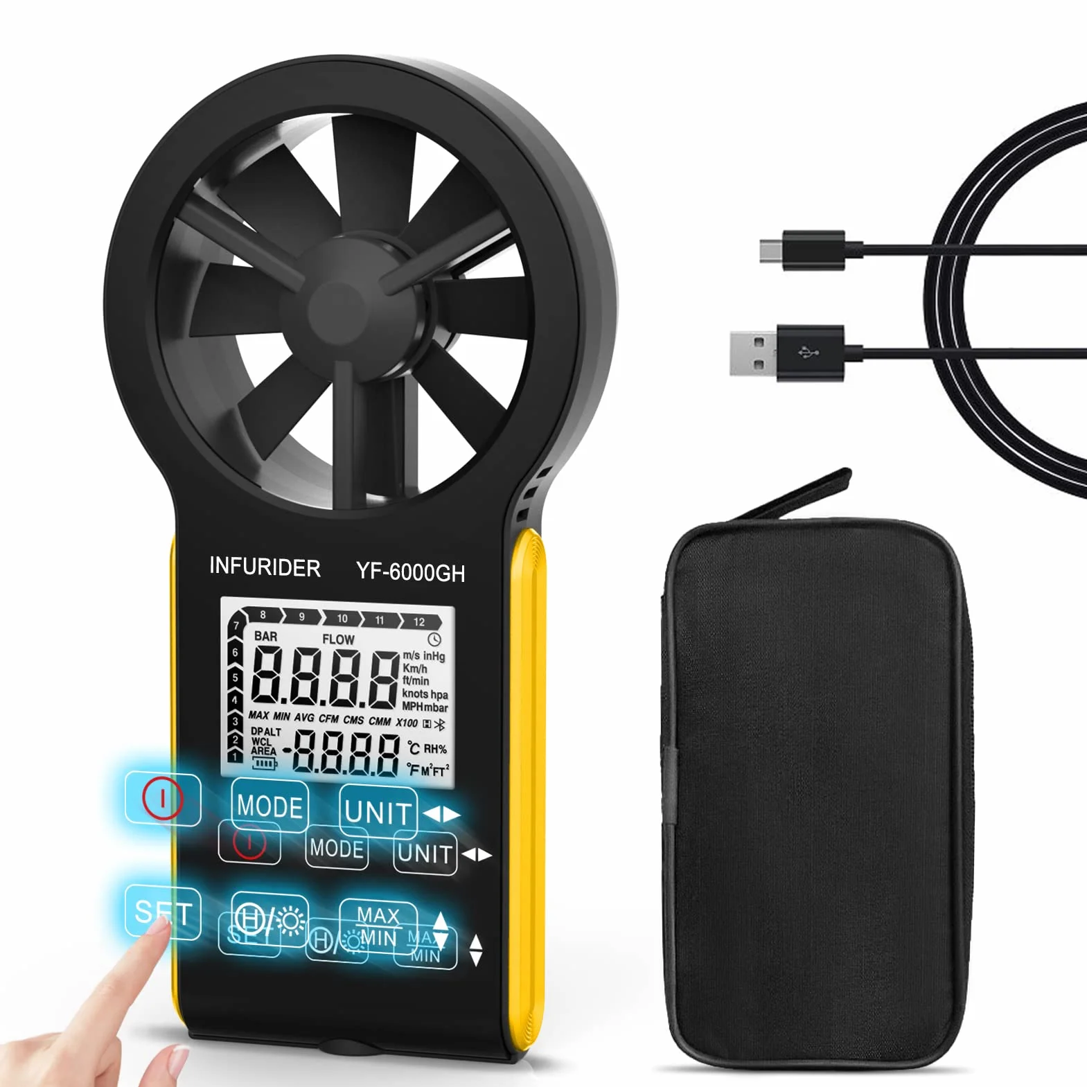 Anemometro Portatile Ricaricabile, INFURIDER YF-6000GH Modalità Smart Misuratore di Velocità del Vento,Anemometro Digitale per Vento Misurare la Velocità del Flusso d'Aria e Temperatura del Vento