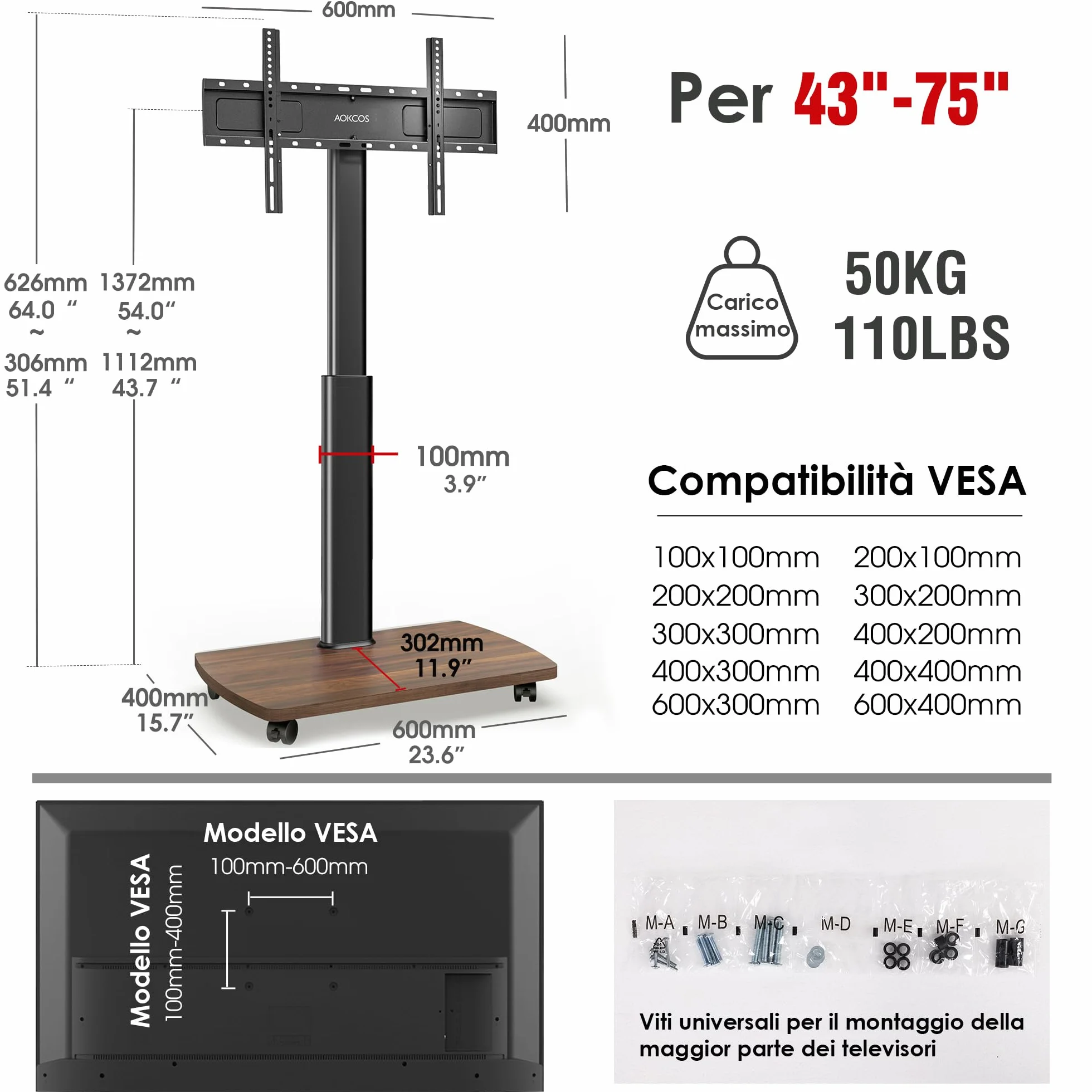 AOKCOS Carrello Porta TV con Ruote per 43-75 Pollici, Supporto TV da Pavimento Girevole e Regolabile in Altezza, Inclinabile, Base in Legno, VESA 600x400mm 50kg