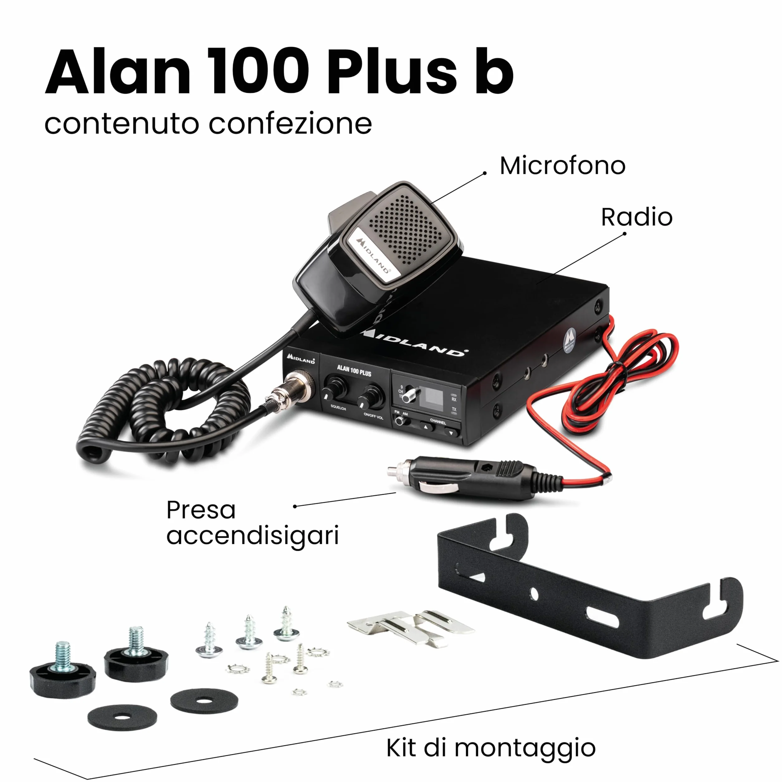 Midland Alan 100 Plus CB Radio Ricetrasmittente Veicolare 40 Canali AM/FM Nero