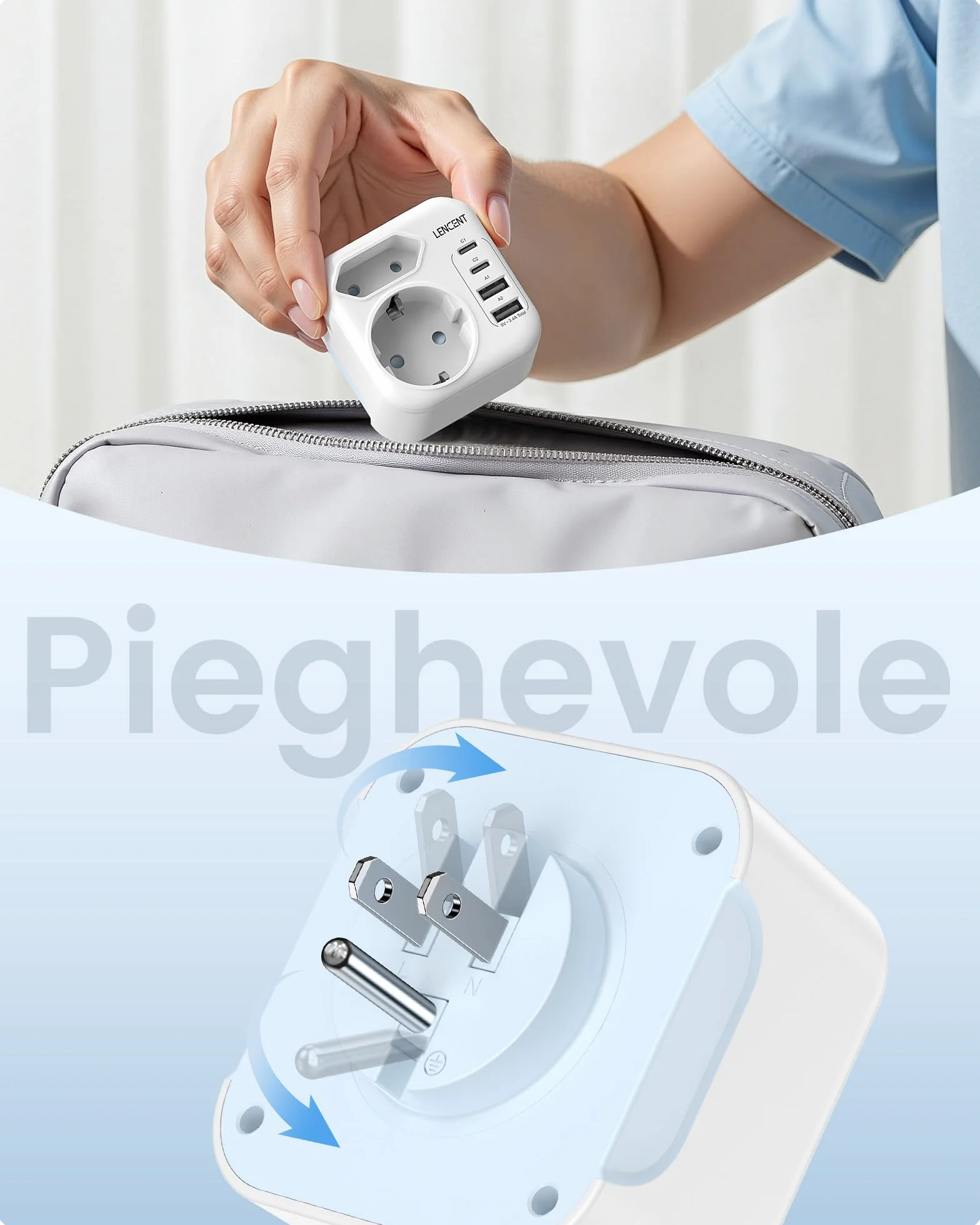 LENCENT Adattatore da Viaggio Tipo A e Tipo B con USB-C Pieghevole, Presa UE a Spina US per Stati Uniti