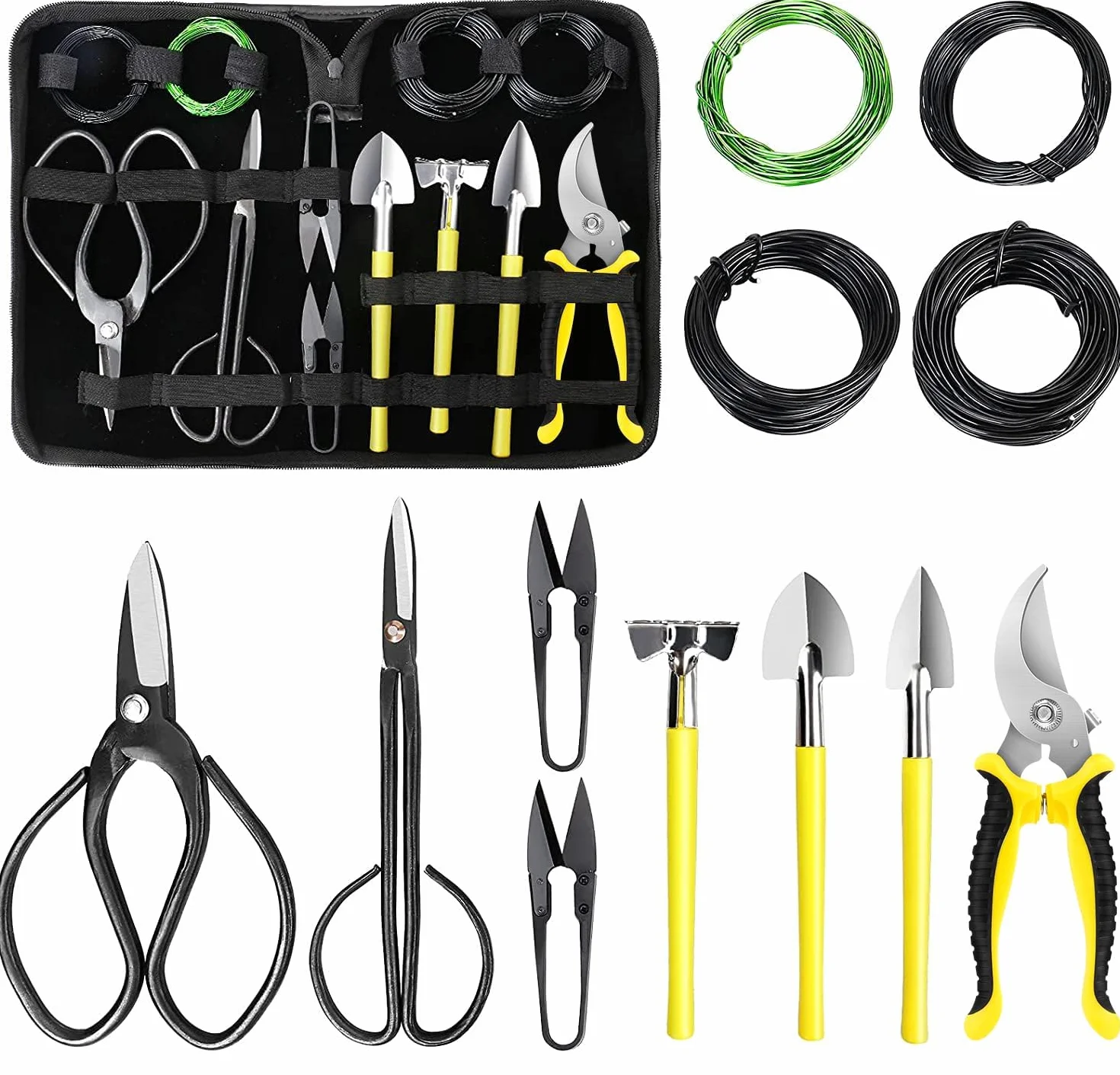 Set di 13 Attrezzi Bonsai, Set di Attrezzi da Giardinaggio che Include Forbici Potatura, Forbici Bonsai, Mini Rastrello, Pala a Punta Tonda, Filo Bonsai