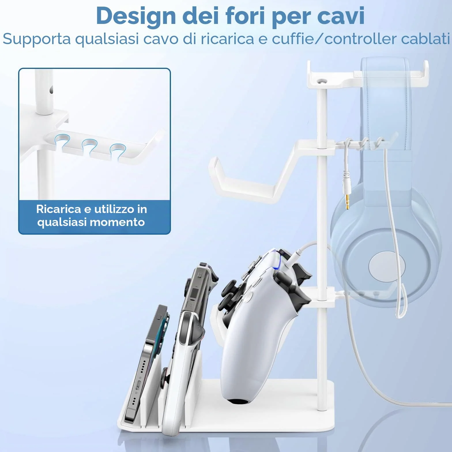 KDD Porta Cuffie Gaming da Scrivania in Alluminio, Stand Supporto Universale per Controller/Switch/iPad/Telefono, Bianco