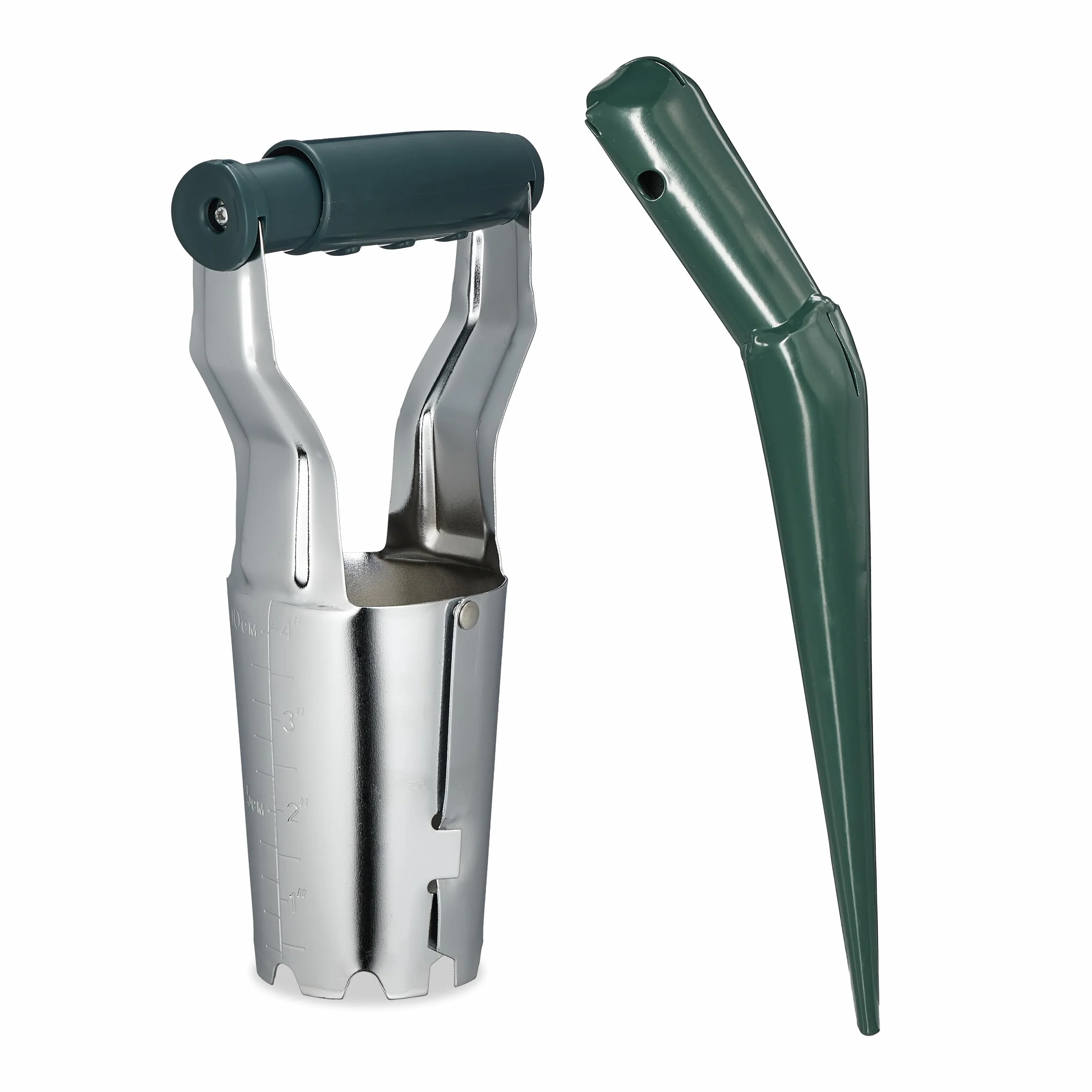 Relaxdays Strumento Piantabulbi, Set da 2 Attrezzi Pianta Bulbi Fiori, Piantatore Piantine Orto, Metallo, Verde Argento