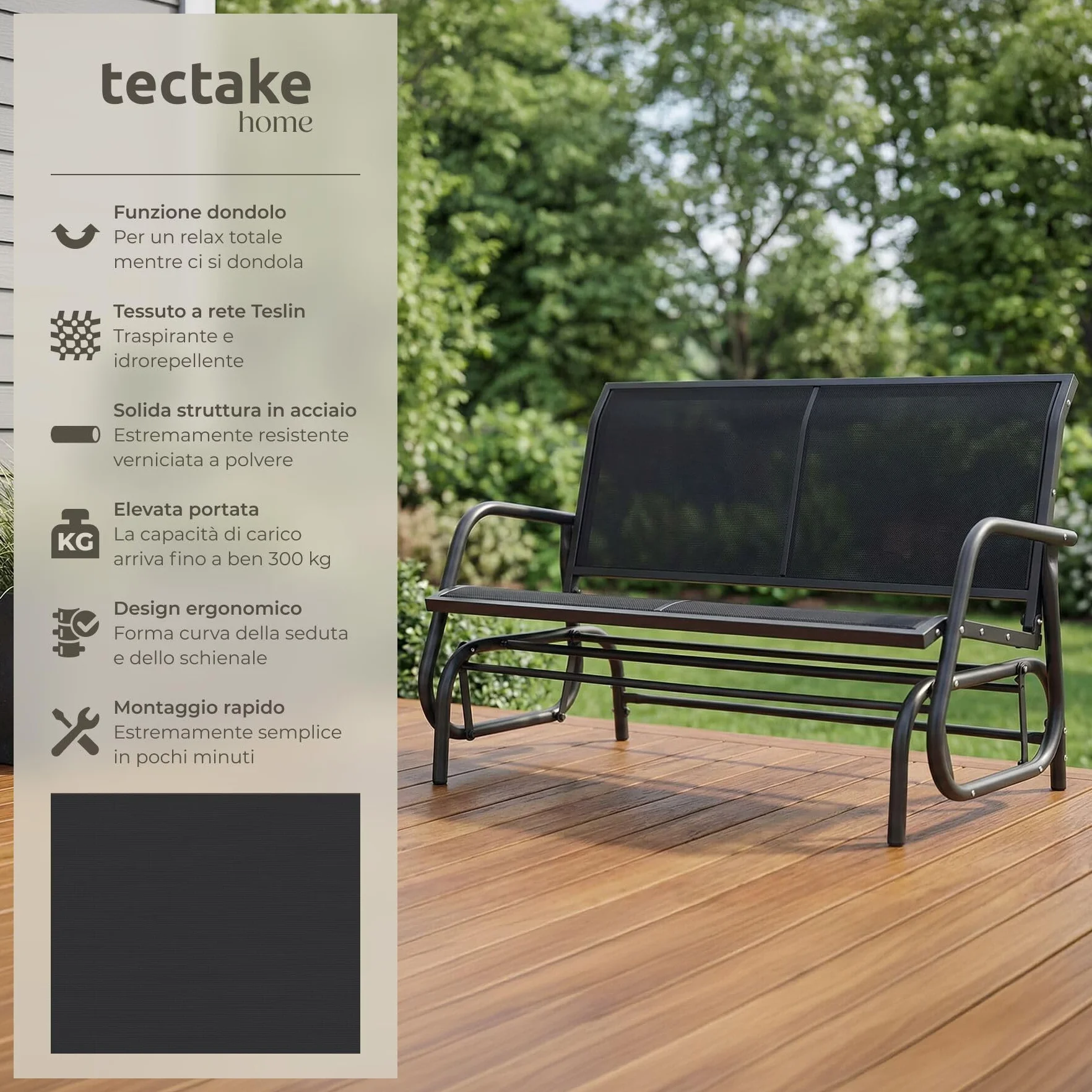 tectake® Panca da Giardino con Meccanismo Basculante, Panchina da Esterno a Dondolo 2 Posti, Telaio in Acciaio Verniciato, Panca con Schienale, 121 x 72 x 86,5 cm - Nero
