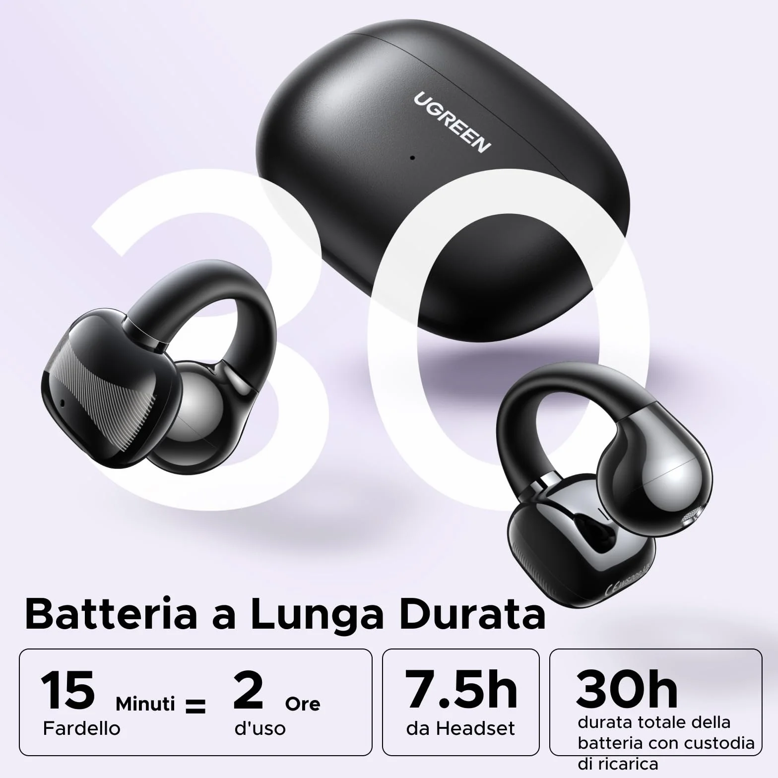 UGREEN HiTune S3 Cuffie Bluetooth 5.4 Sport con Clip Aperta ENC Hi-Fi Stereo 30H Autonomia IPX5 Impermeabile Nero